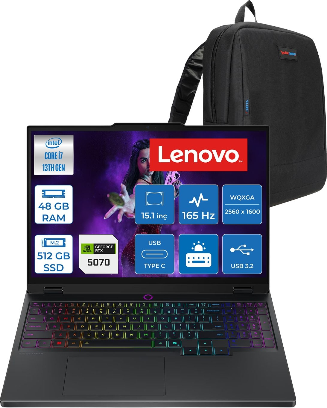 Intel Core i7, 48GB RAM, 512GB SSD, RTX 5070, 165Hz Lenovo laptop.
