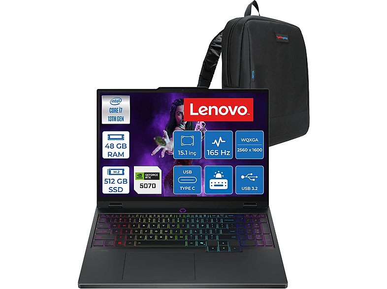 LENOVO Legion 5 15IRX10 RTX5070 165Hz 83LY00CHTRF17 Intel® Core™ i7-13650HX 48 GB RAM 512 GB SSD 15,1 inç FreeDOS Laptop+Çanta Siyah