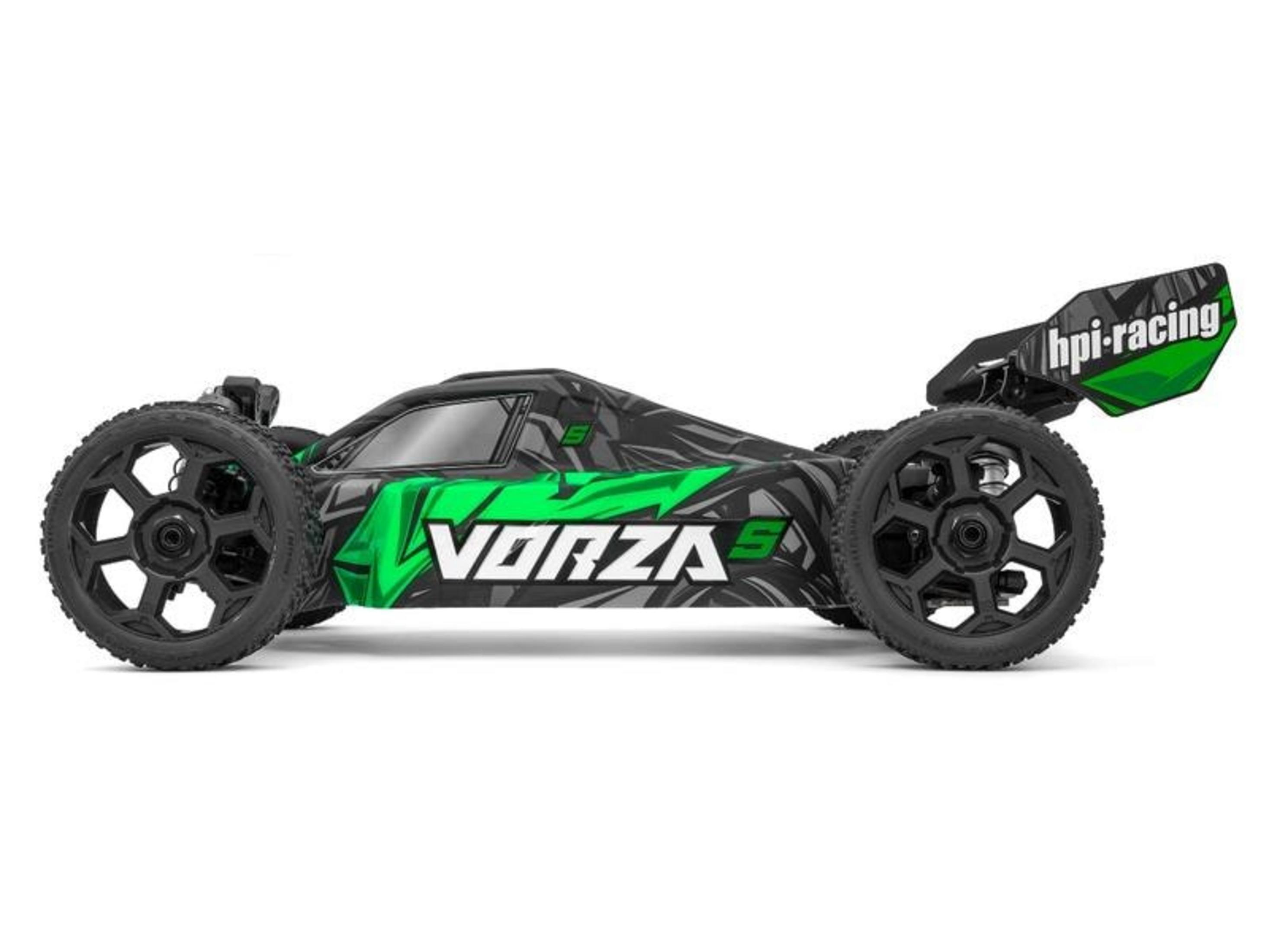 Un buggy RC negro y verde con la marca "VORZA S" y "hpi-racing".