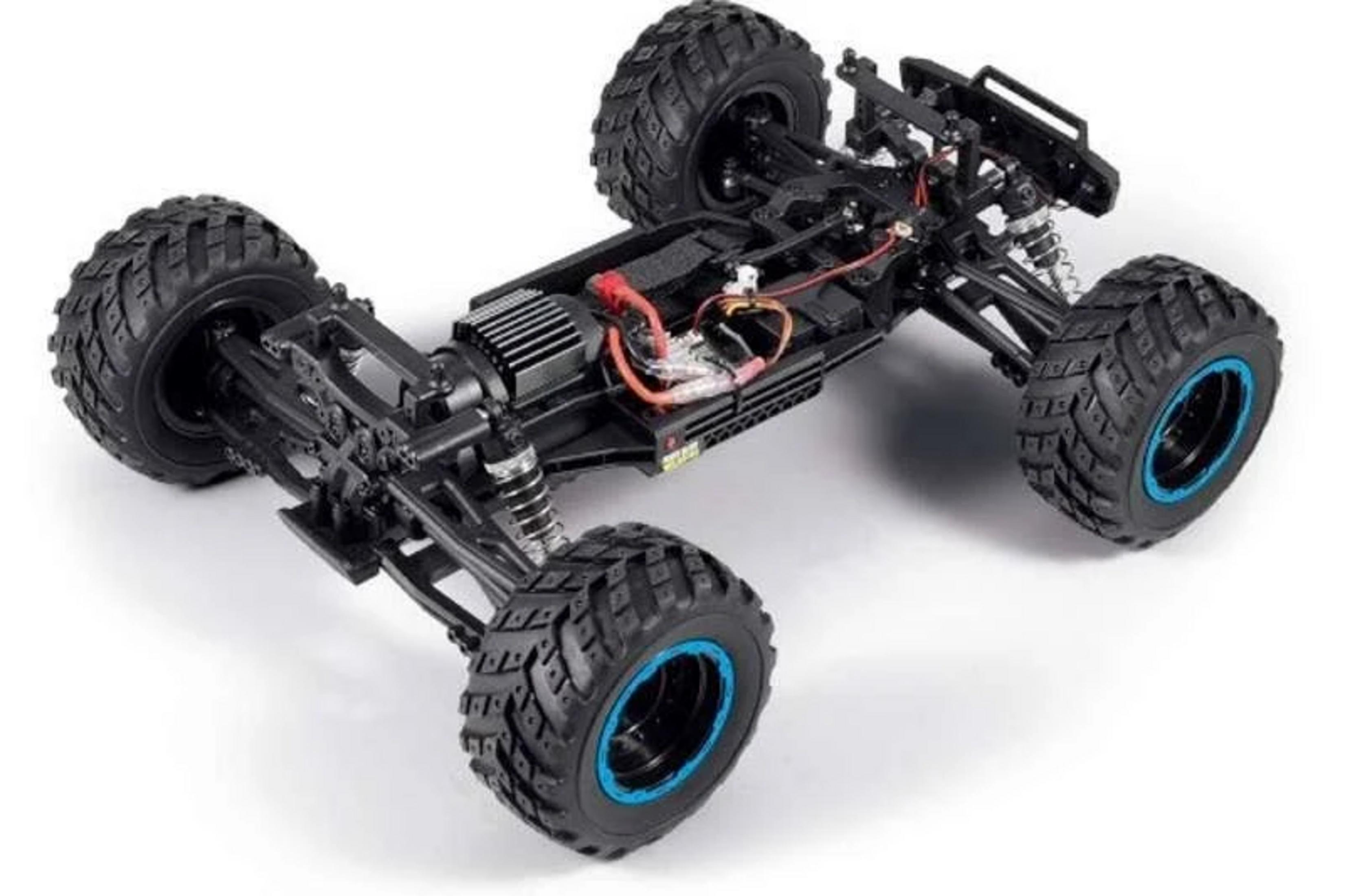 Schwarzer ferngesteuerter Monstertruck mit blauen Felgen und sichtbarem Chassis.