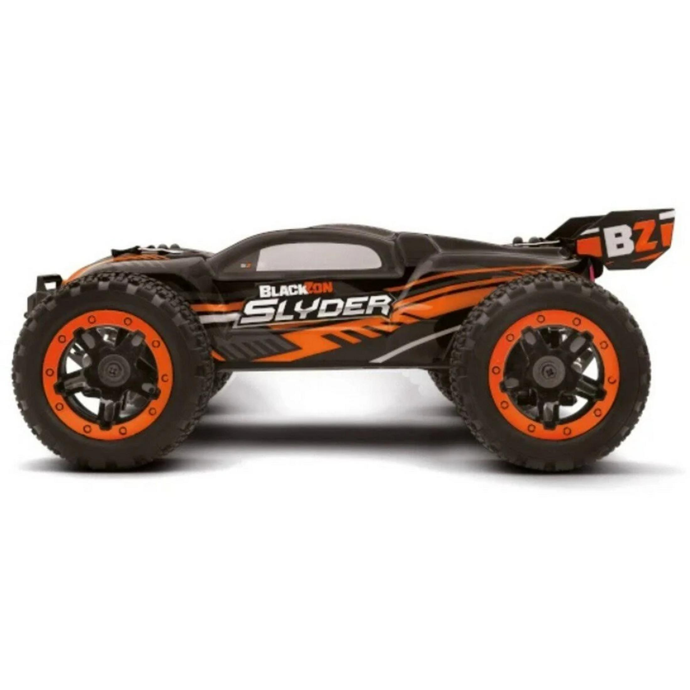 Buggy RC noir avec accents orange et inscription "SLyDER".