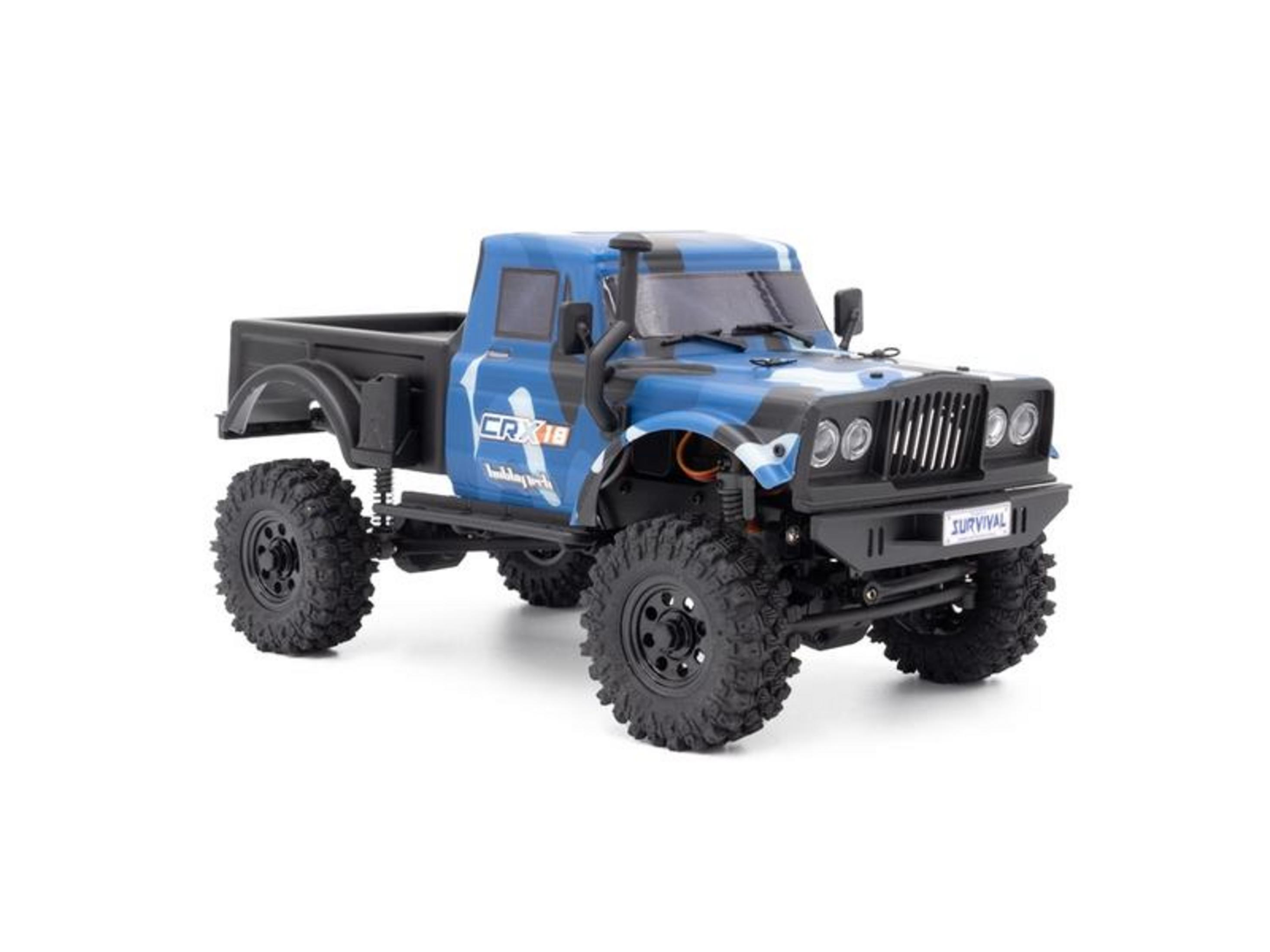 Modèle de camion RC tout-terrain bleu et noir avec gros pneus et décalque 'Survival'.