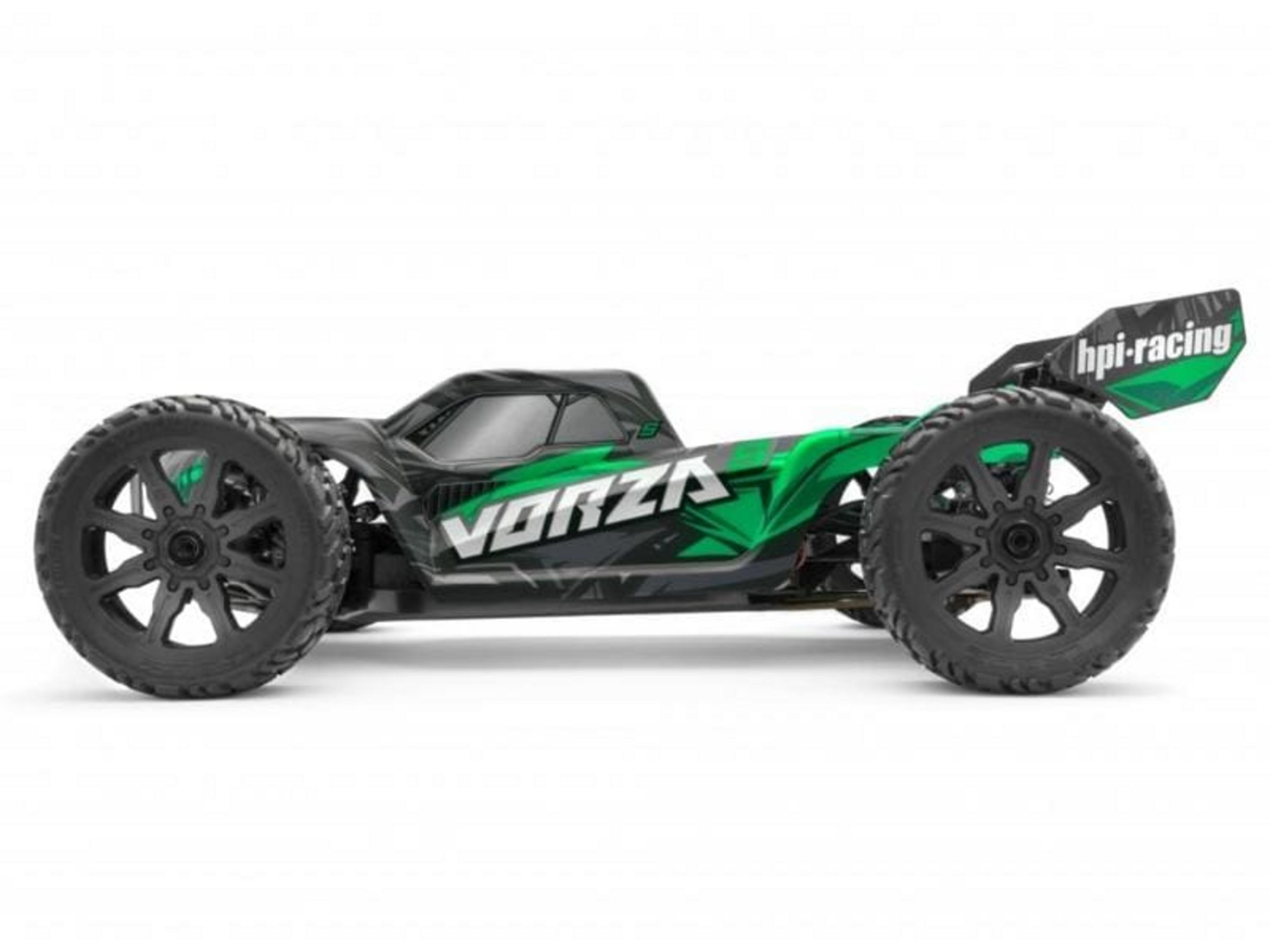 Un buggy RC verde y negro con calcomanías 'VORZA' y 'hpi-racing'.