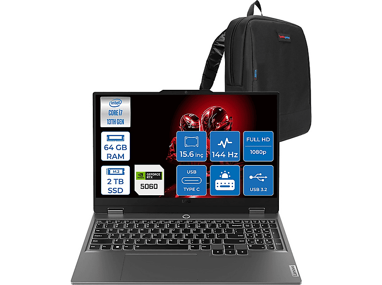 LENOVO LOQ 15IRX10 8GB/RTX5060 144Hz 83JE00ETTRF19 Intel® Core™ i7-13650HX 64 GB RAM 2 TB SSD 15,6 inç FreeDOS Laptop+Çanta Siyah