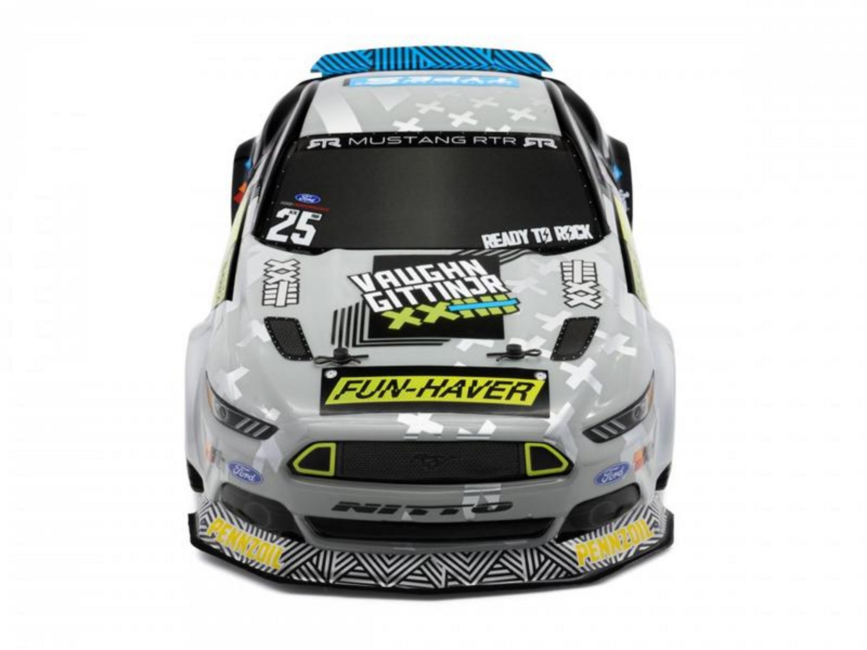 Graues ferngesteuertes Auto mit Aufklebern, Nummer 25, Ford Mustang.
