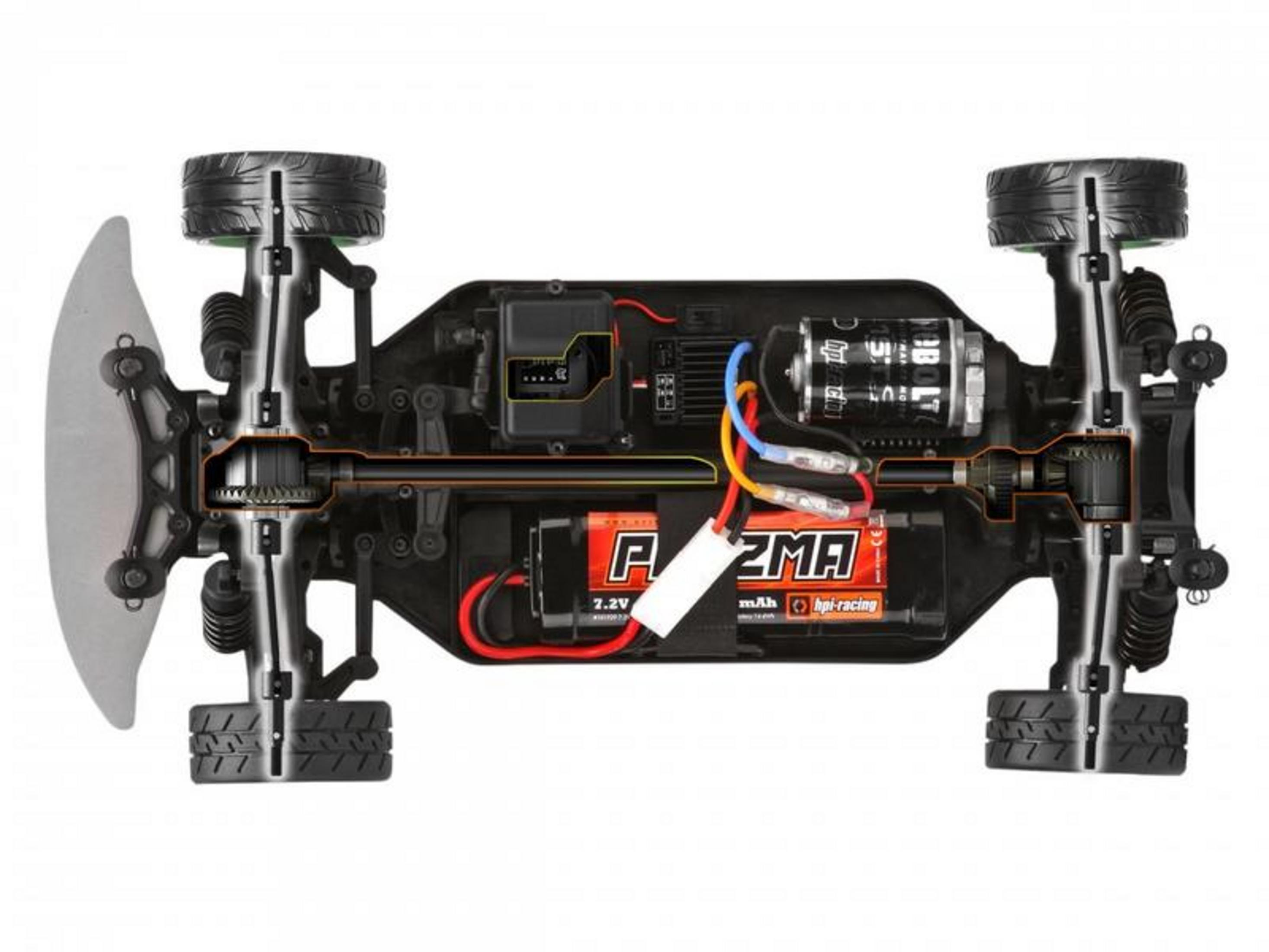 Draufsicht auf ein RC-Autochassis mit Motor, Batterie, Federung und Antrieb.