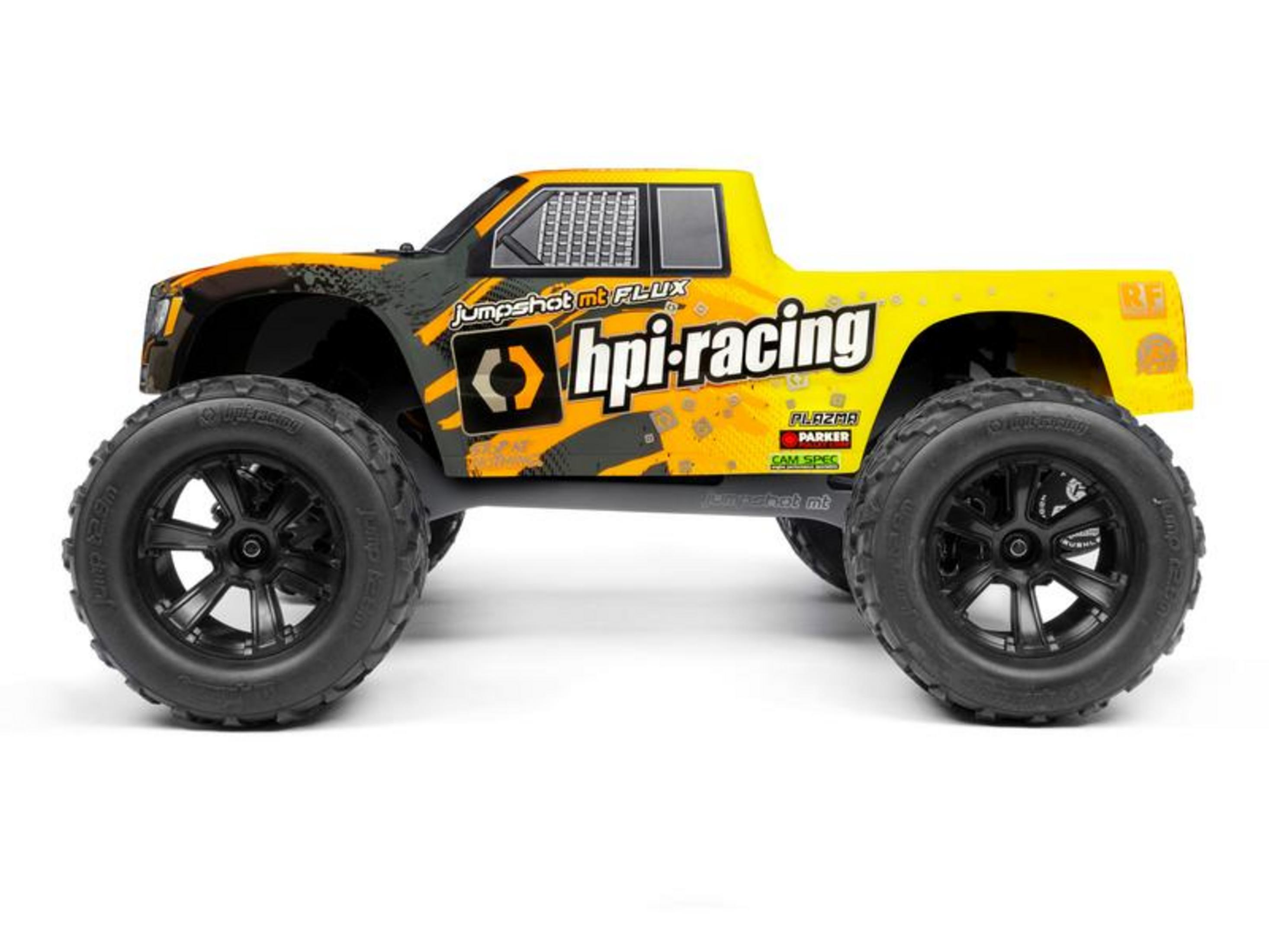 Gelbes RC-Monster-Truck-Modell mit schwarzen Rädern und Racing-Aufklebern.
