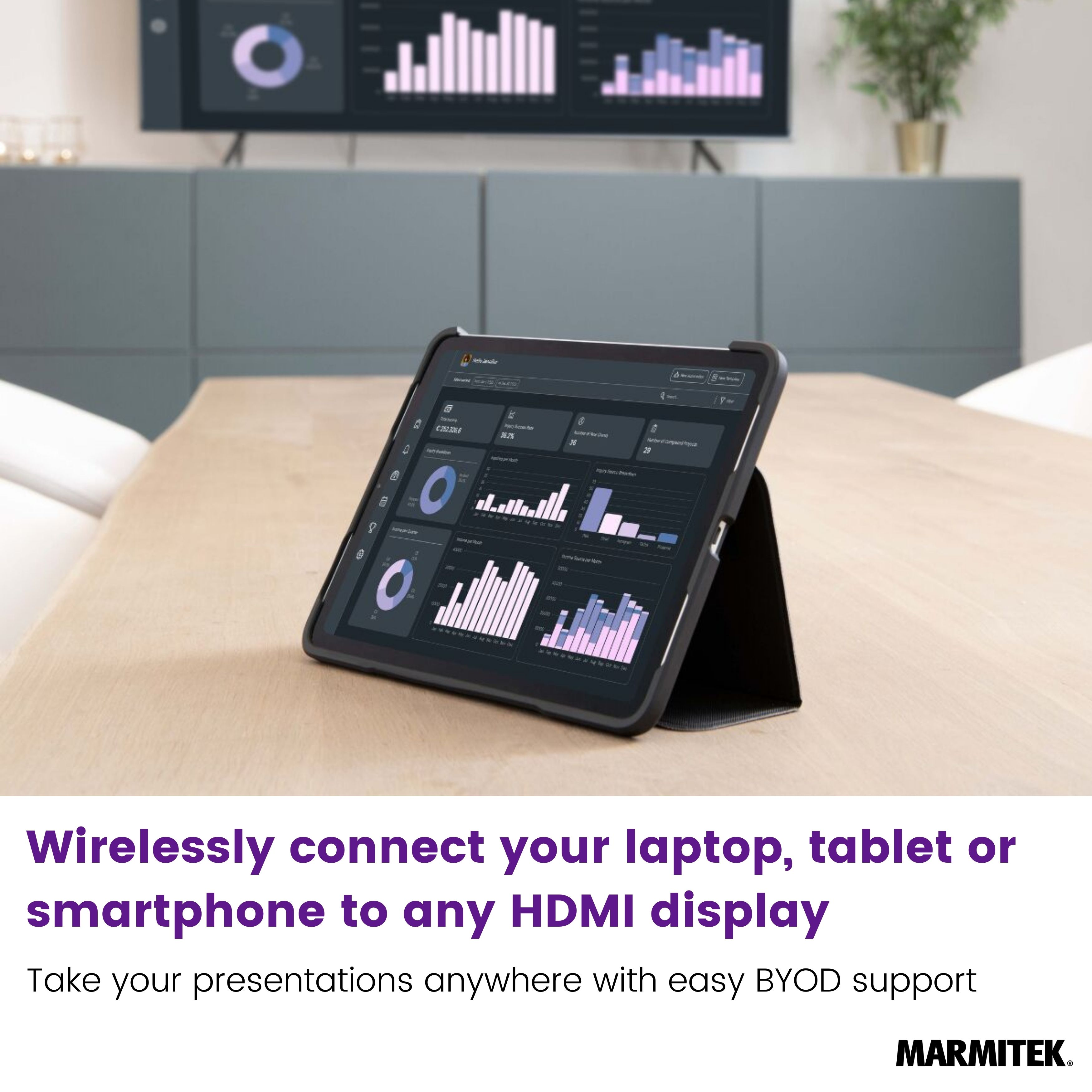 Een tablet met grafieken op een houten tafel, verbonden met een groot scherm.