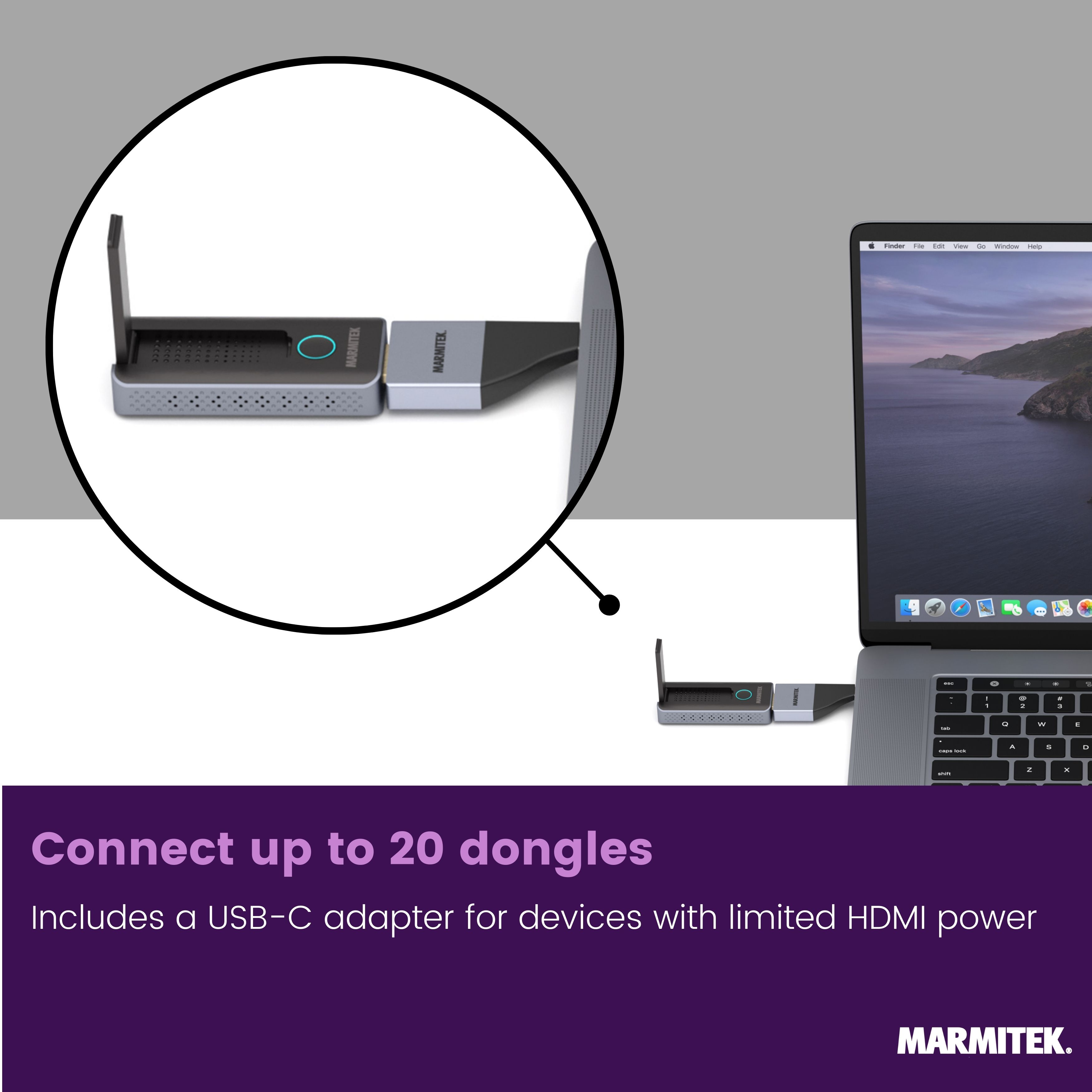 Een Marmitek dongel is aangesloten op een laptop. Tekst: Sluit tot 20 dongles aan.