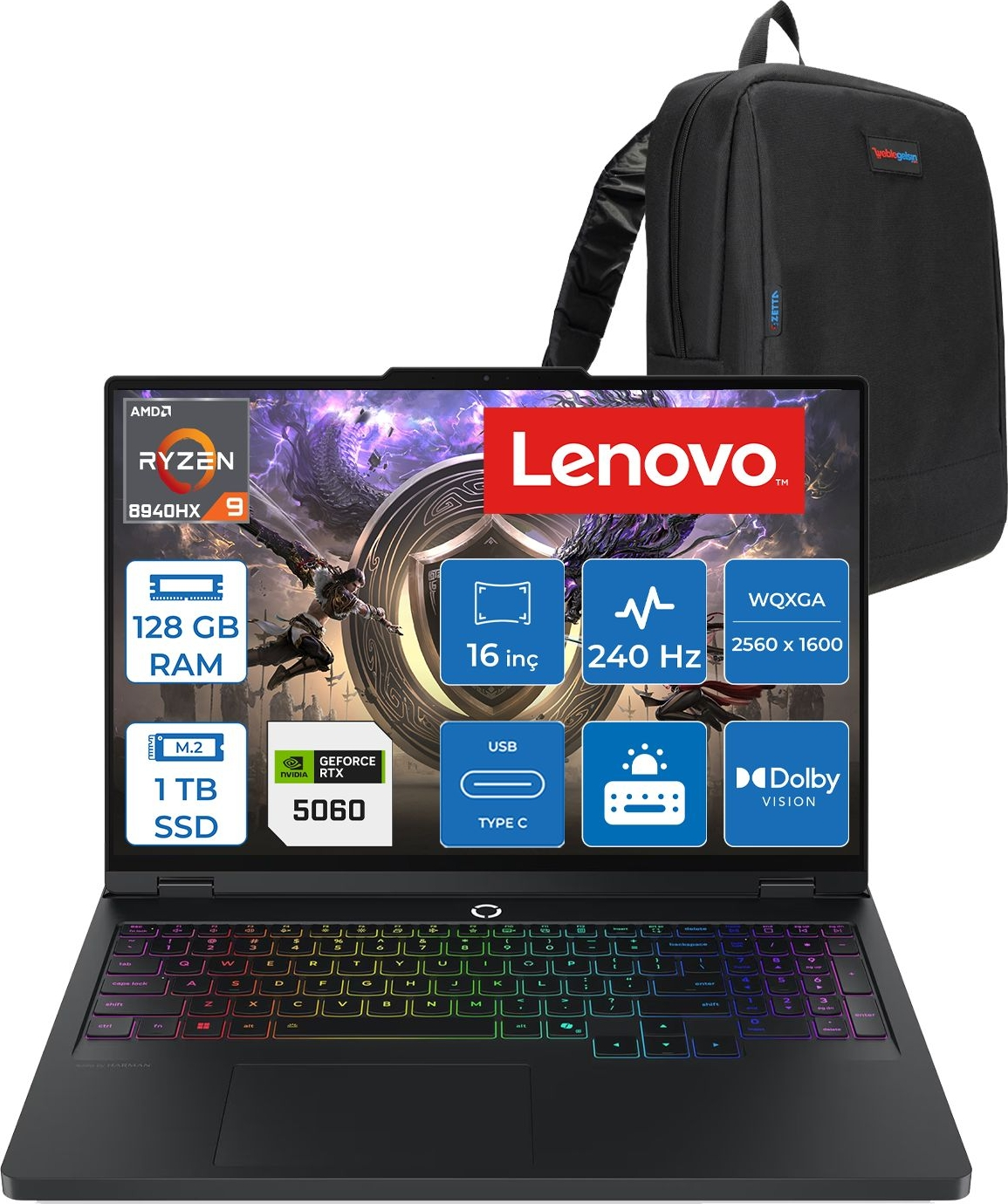 Ryzen 9, 128GB RAM, 1TB SSD, RTX 5060'lı Lenovo dizüstü bilgisayar ve sırt çantası.