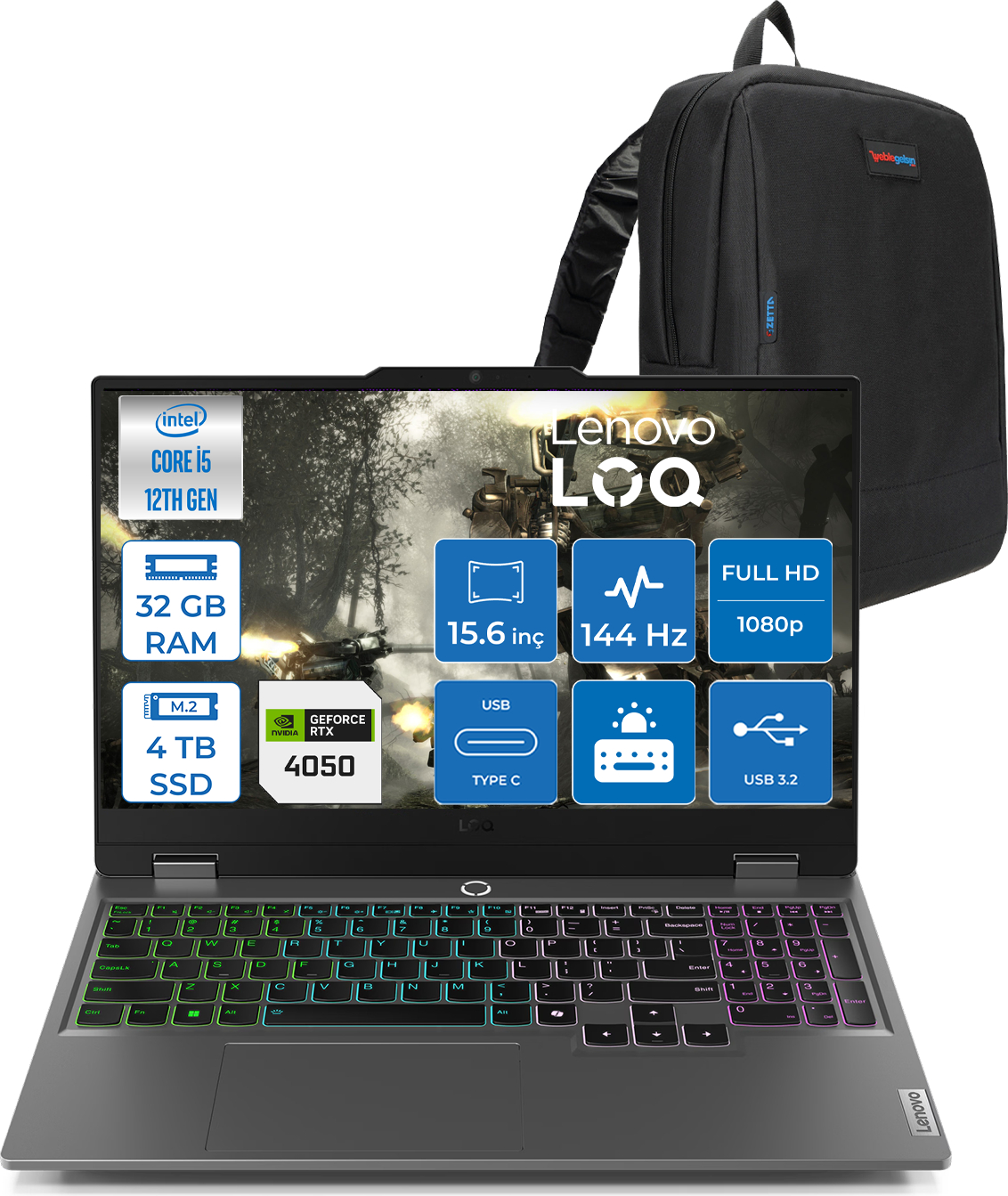 LENOVO LOQ 6GB/RTX4050 105W IPS 144Hz FHD W83GS00PETRF12 Intel® Core™ i5-12600HX 32 GB RAM 4 TB SSD 15,6 inç FreeDOS Laptop+Çanta Siyah