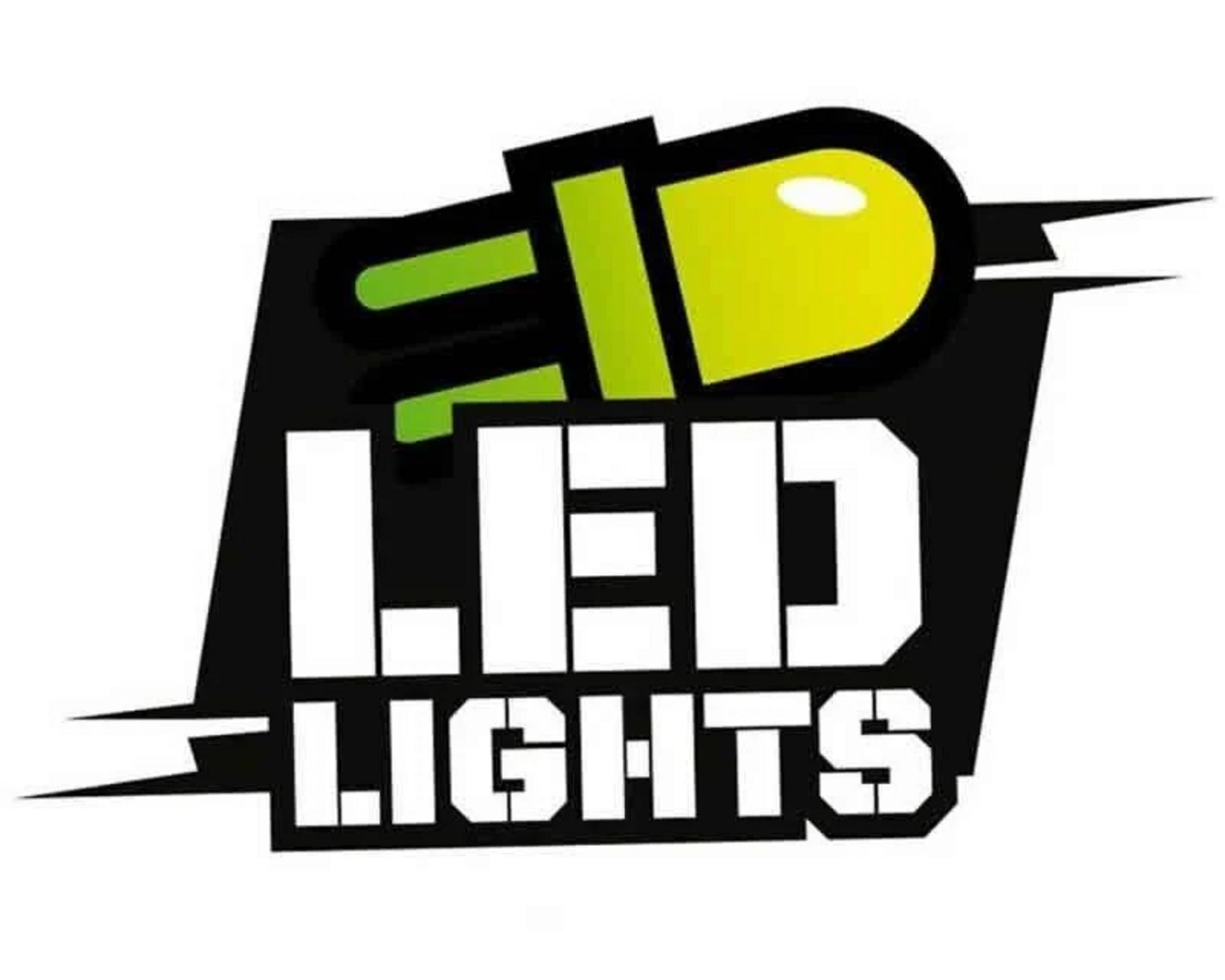 Logo mit gelbem LED-Licht und Schriftzug LED LIGHTS.