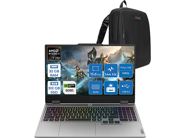 LENOVO LOQ 15AHP10 8GB/RTX5060 IPS BILG.83JG008UTRF07 AMD Ryzen™ 7 250 AI 32 GB RAM 512 GB SSD 15,6 inç FreeDOS Laptop+Çanta Siyah