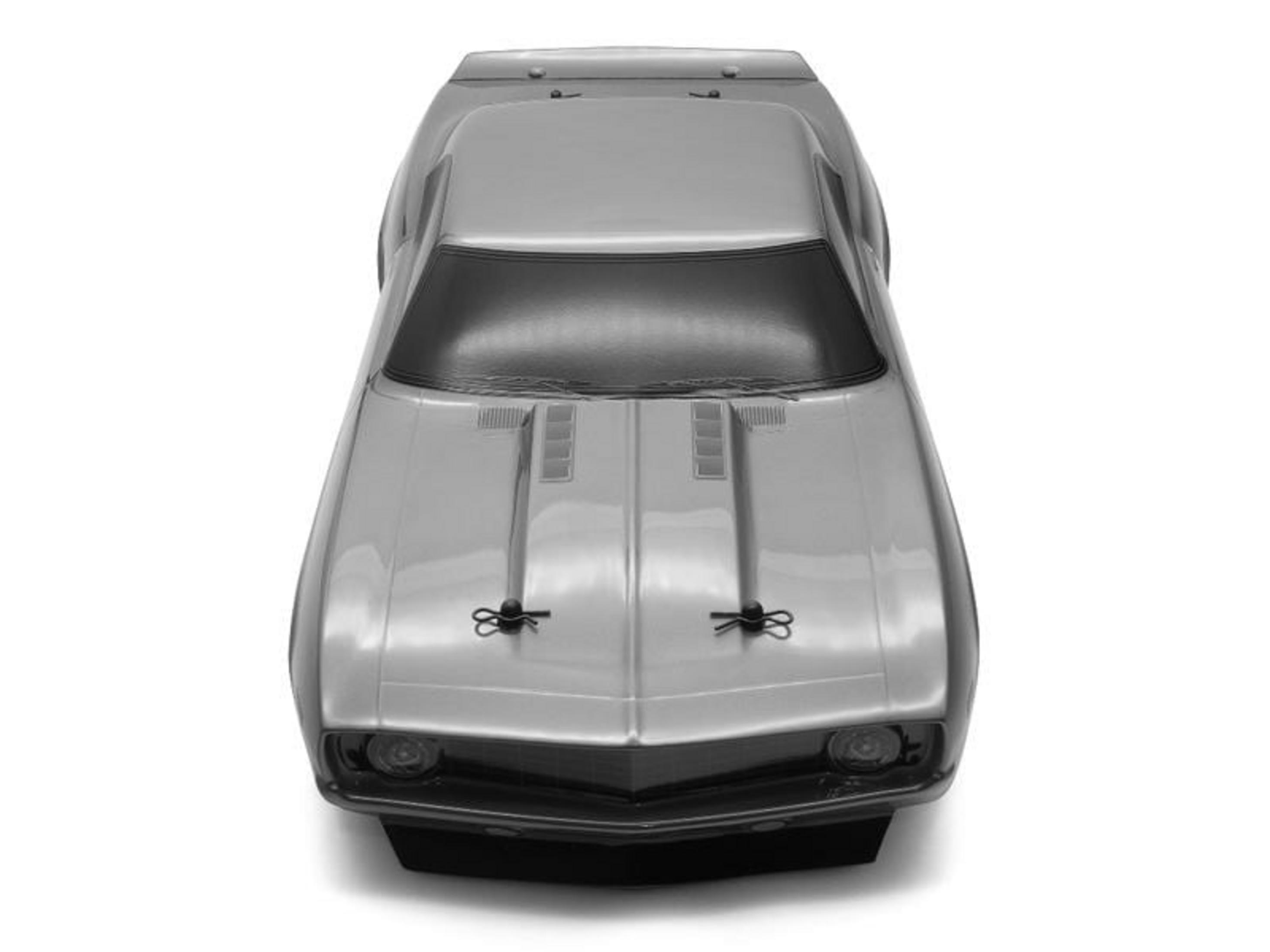 Silbernes RC-Auto mit schwarzen Fenstern und Motorhaubenstiften.