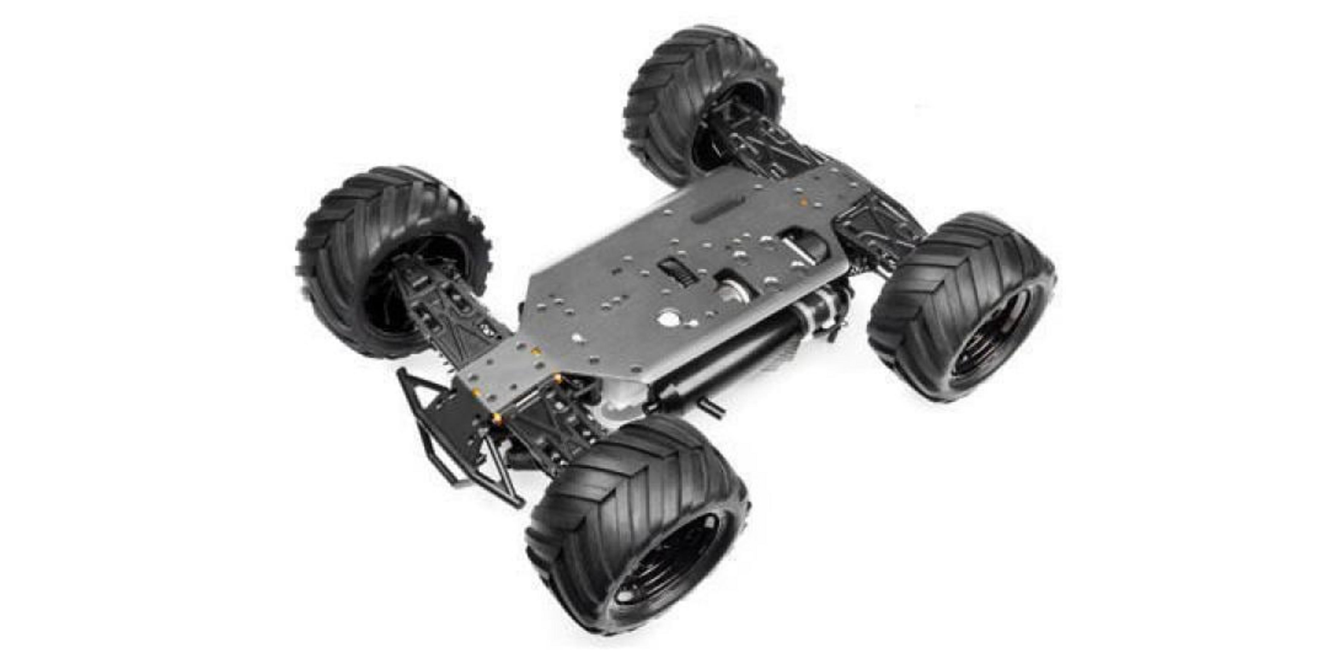 Un chasis de monster truck negro a control remoto con neumáticos grandes sobre fondo blanco.