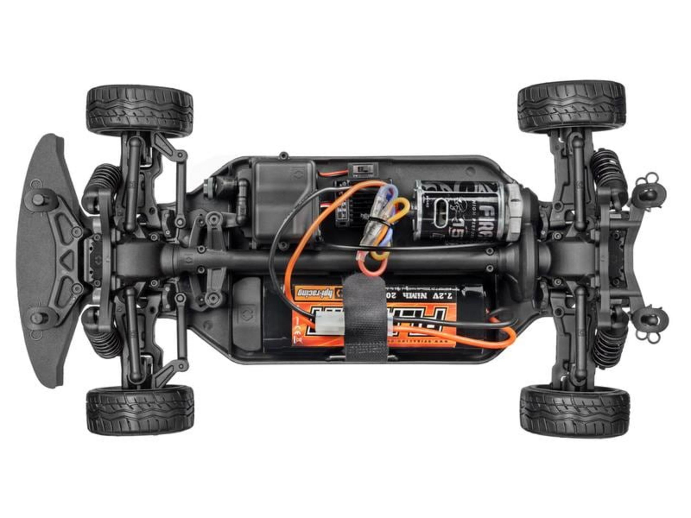 Unterseite eines schwarzen RC-Autos mit Reifen, Motor, Batterie und Kabeln.