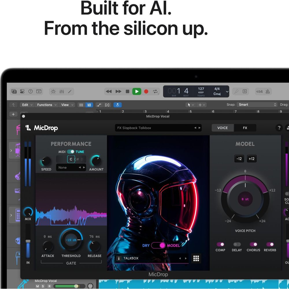 Eine digitale Audio-Workstation-Oberfläche mit einem futuristischen Helm-Bild.
