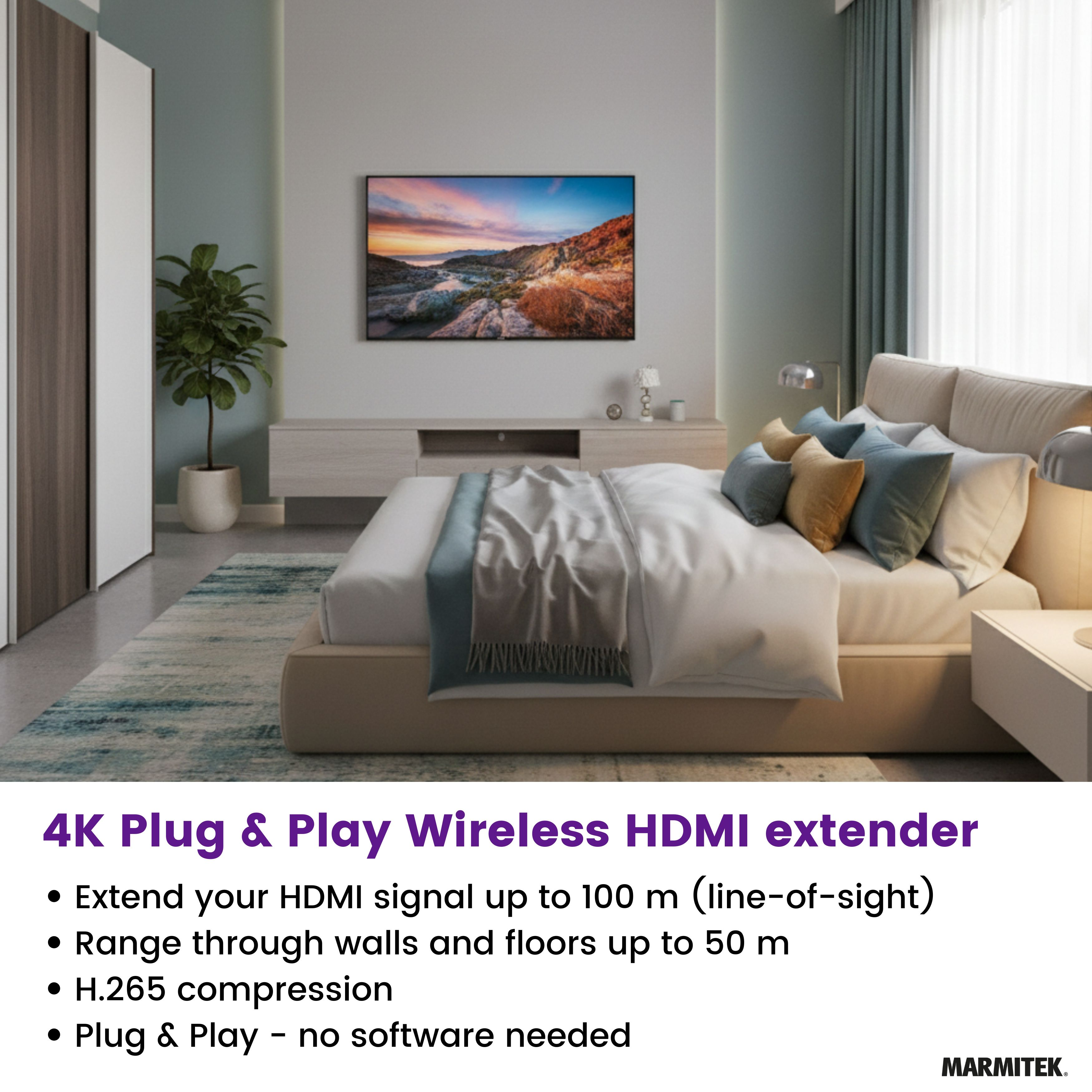 Chambre avec lit, TV, armoire et plante. Extenseur HDMI 4K.