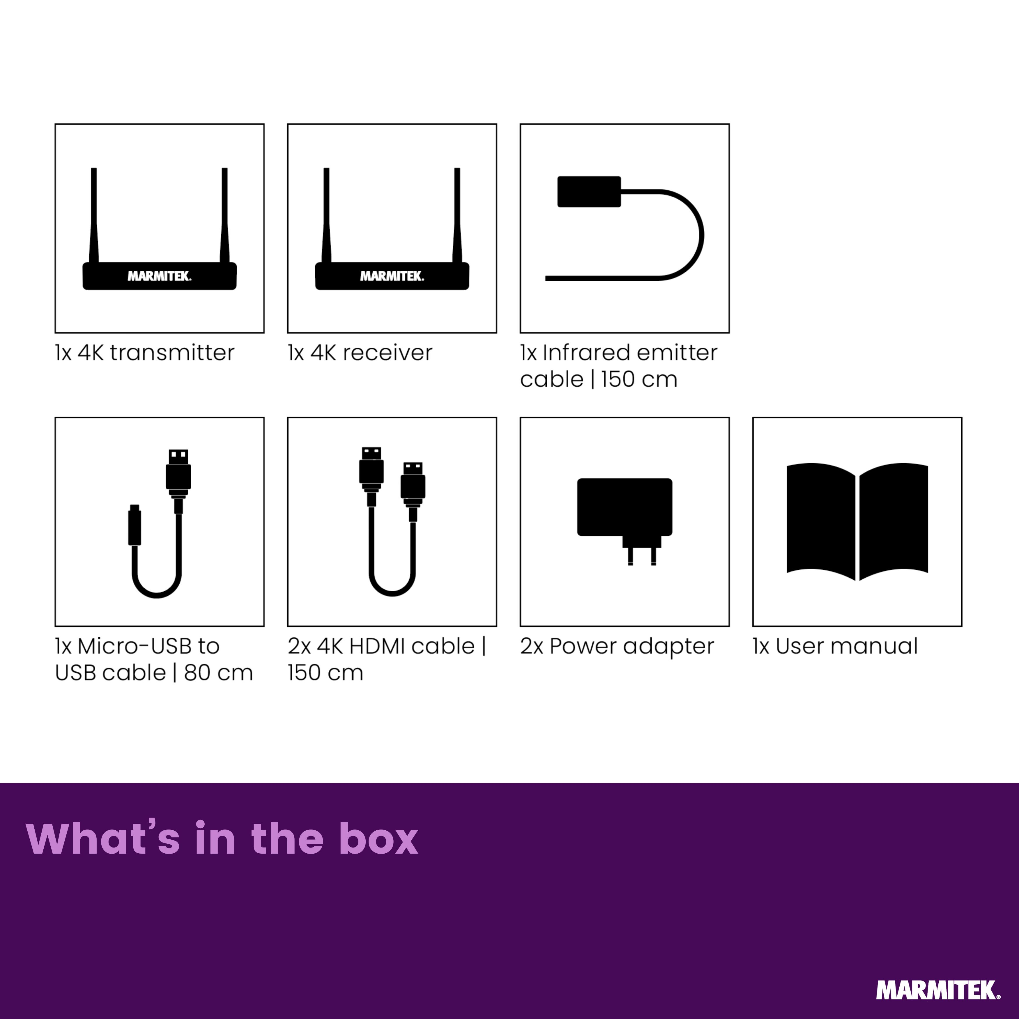 Contenu de la boîte : émetteur 4K, récepteur 4K, câble émetteur IR, câble USB, câble HDMI, adaptateurs, manuel.
