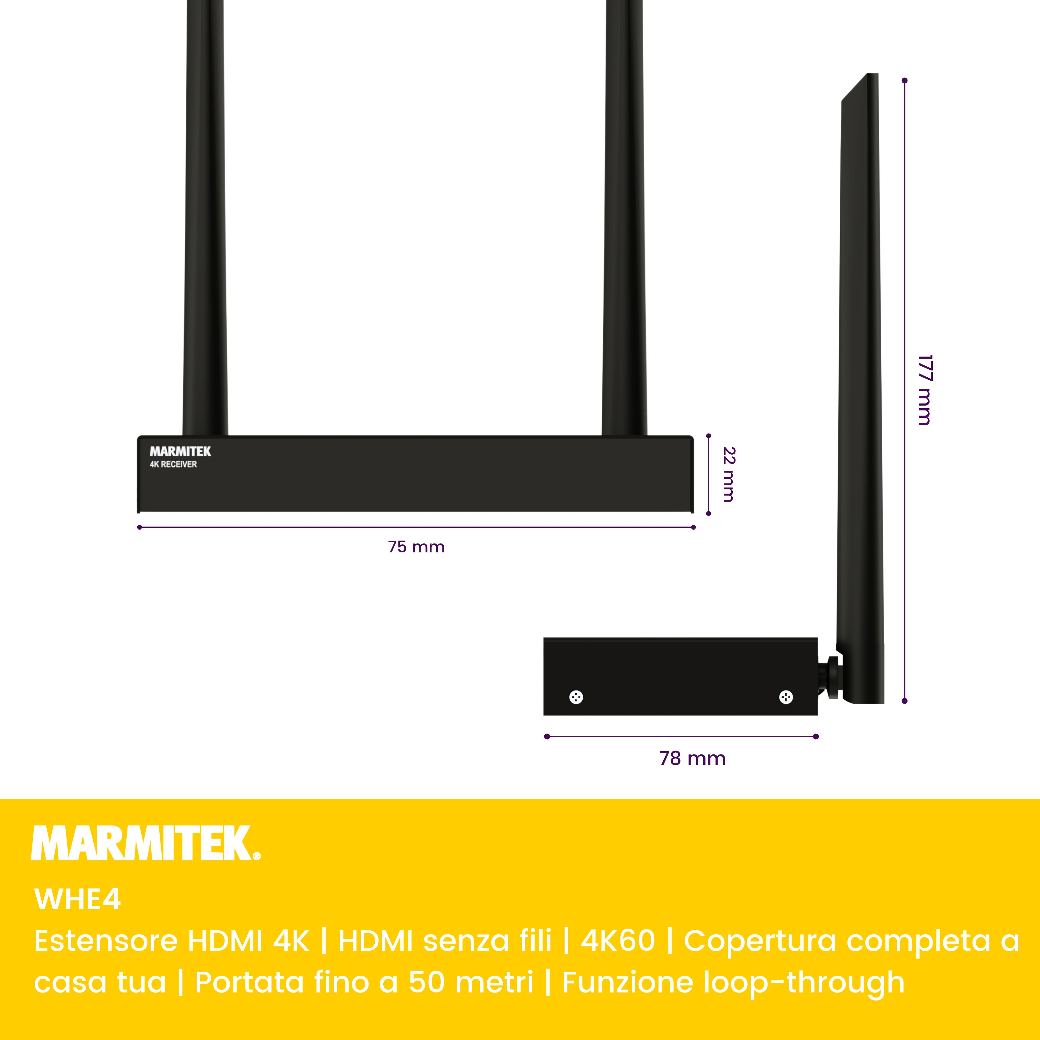 Récepteur Marmitek 4K noir avec antennes et dimensions.