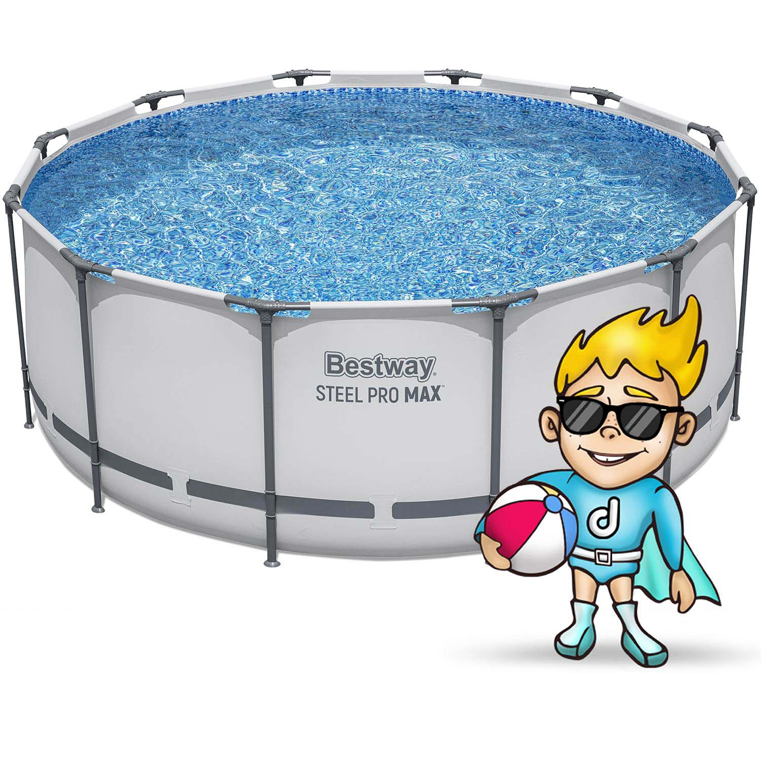 Kreskówkowy chłopiec w stroju superbohatera trzyma piłkę plażową obok basenu Bestway Steel Pro Max.