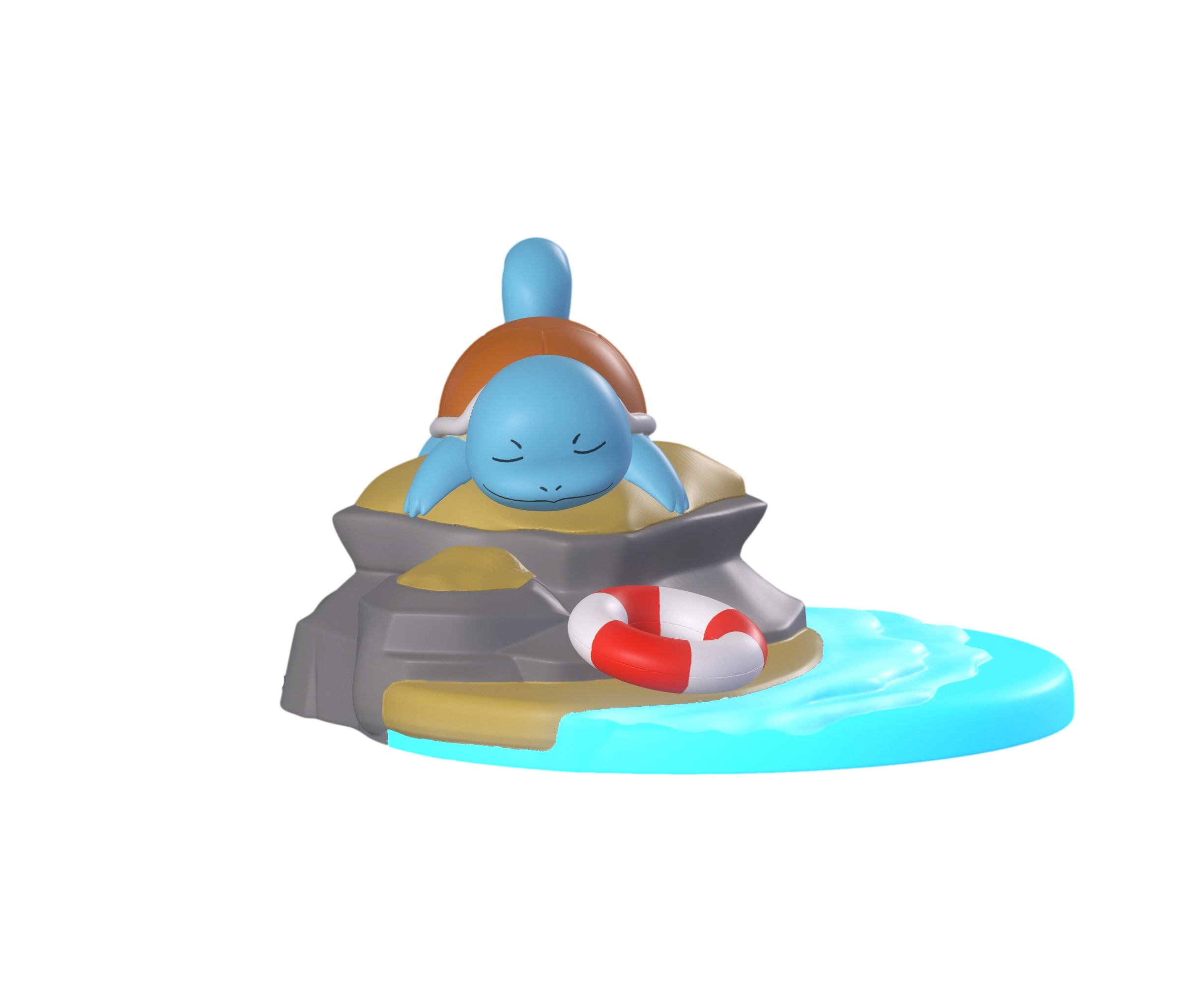 Eine blaue Schildkrötenfigur schläft auf einem Felsen mit einem Rettungsring und Wasser.