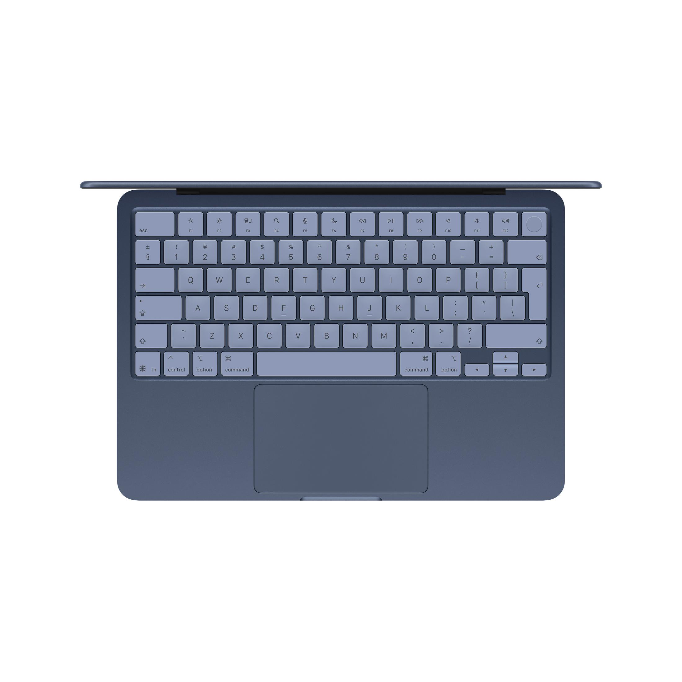Eine blaue Tastatur mit einem Trackpad, die von oben gezeigt wird.