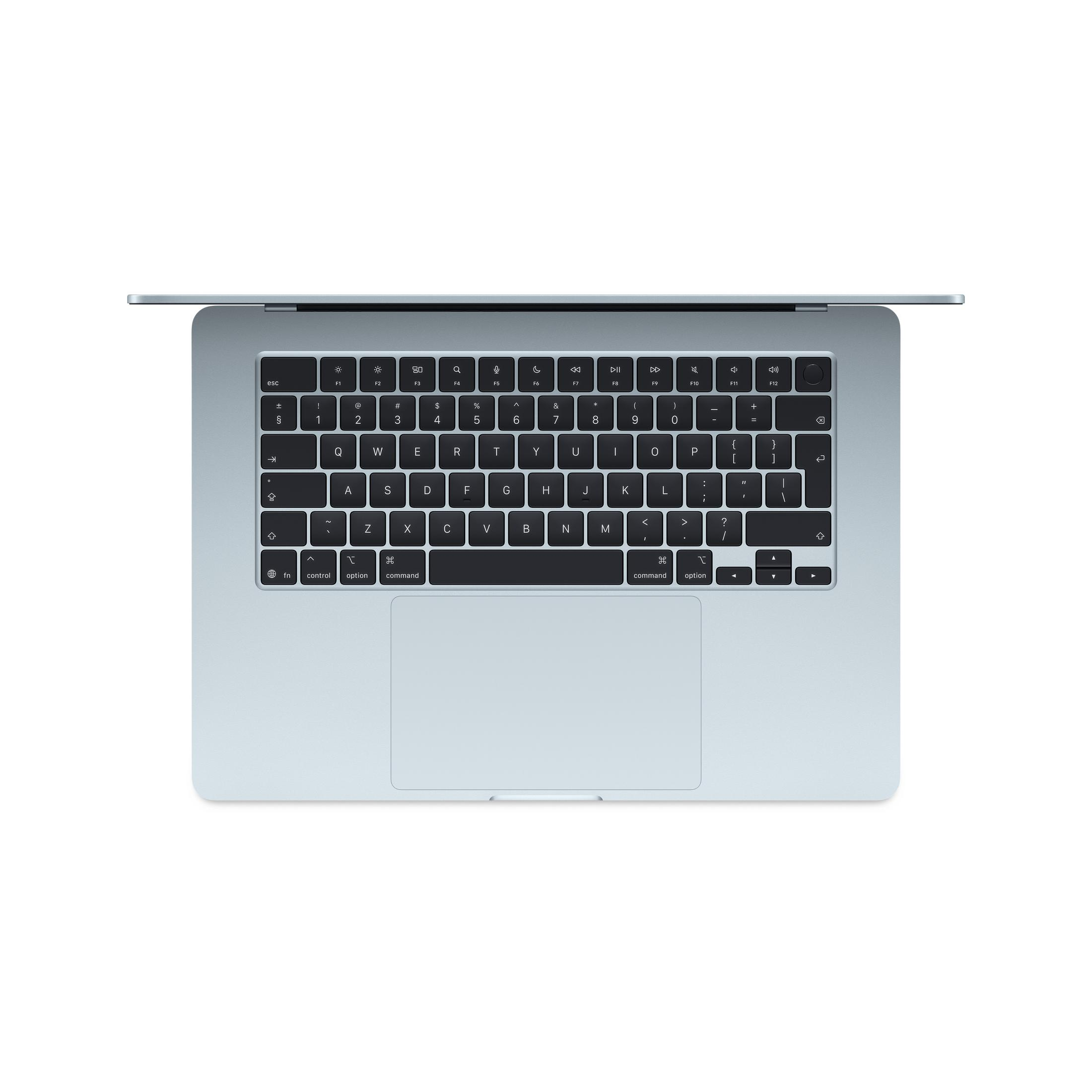 Silberner Laptop von oben, Tastatur und Trackpad sichtbar.