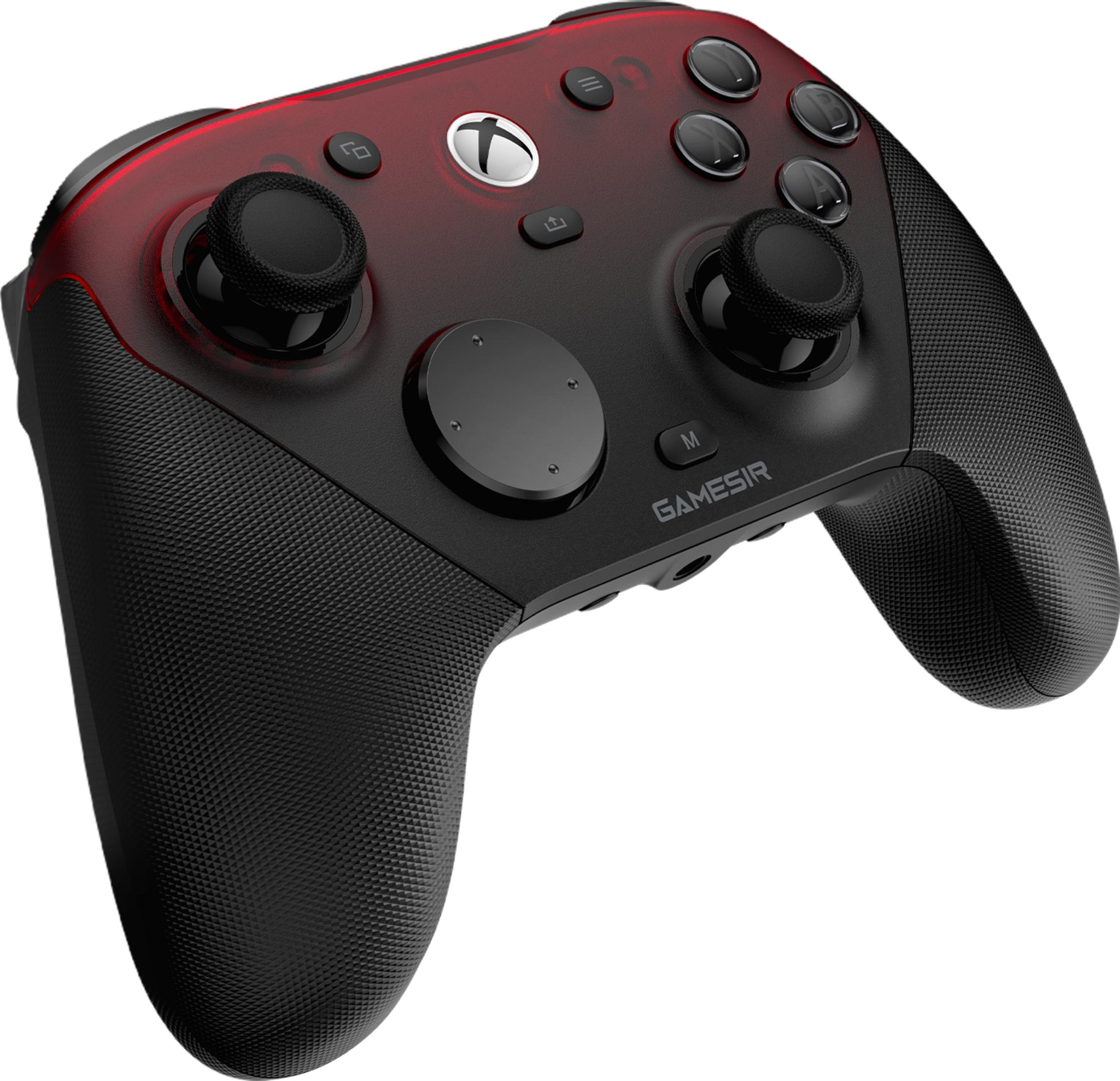 Schwarzer Gaming-Controller mit roten Akzenten und beleuchtetem Xbox-Logo.