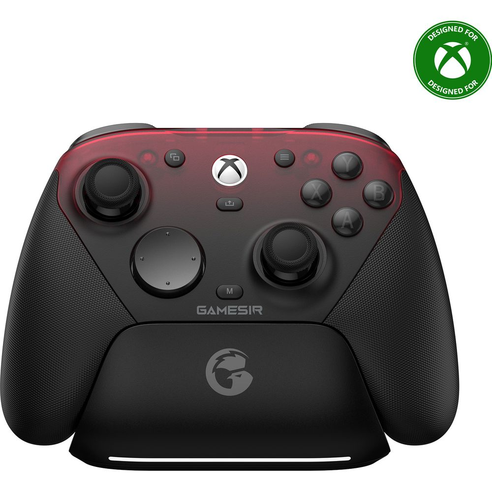 Ein schwarzer Gaming-Controller mit rotem Akzent und Xbox-Logo.