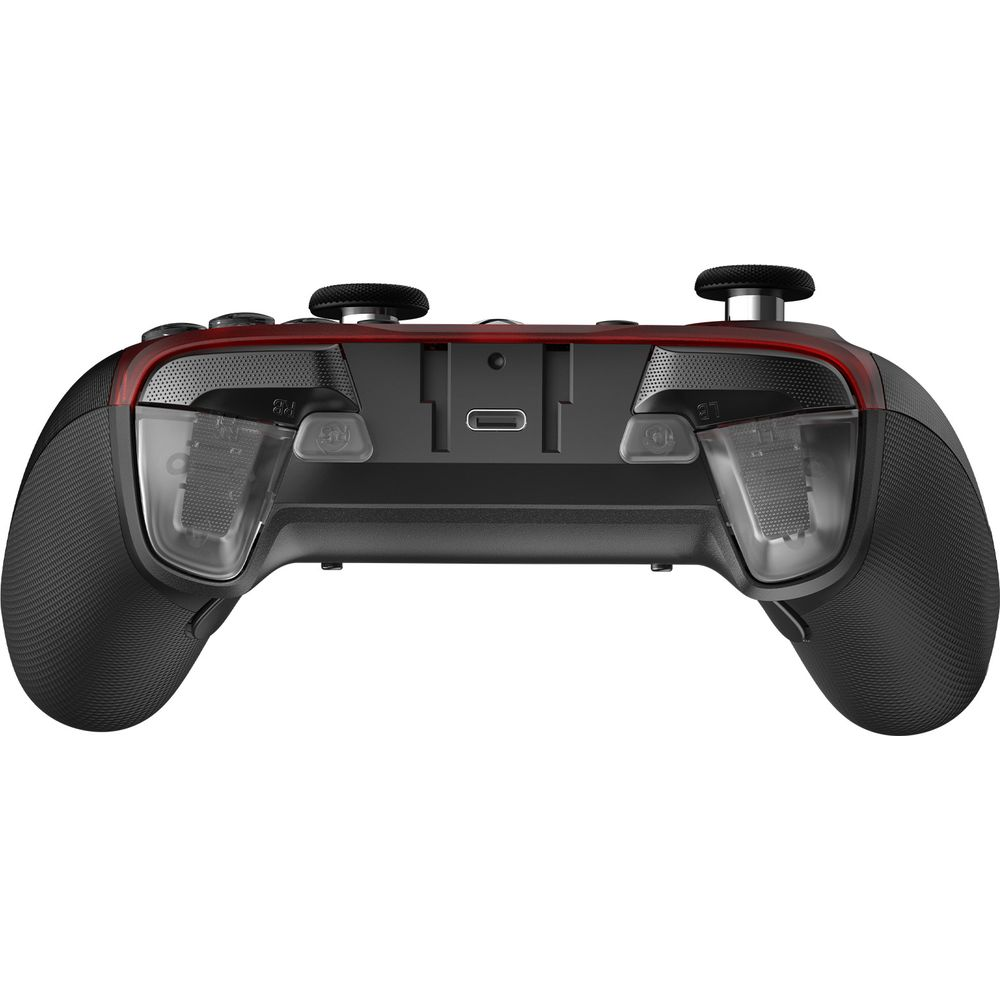 Schwarzer Gamecontroller mit roten Akzenten und transparenten Griffen.