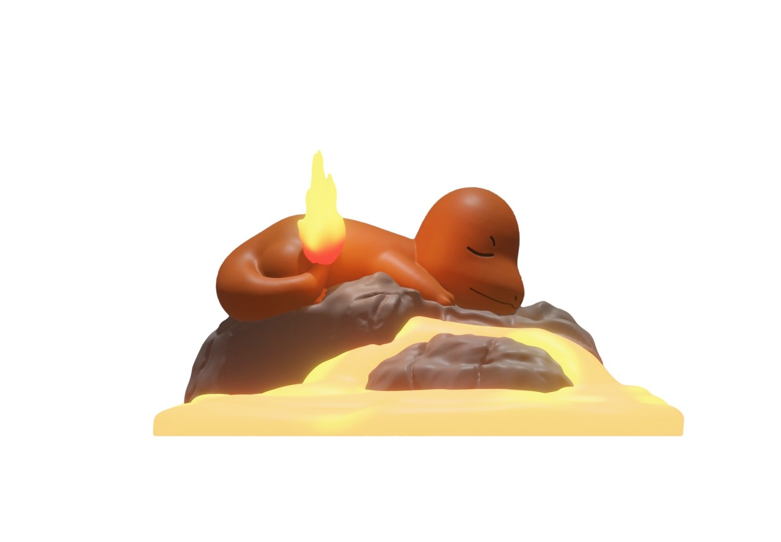 Ein orangefarbener Pokémon-Charakter schläft auf Felsen mit Lava.