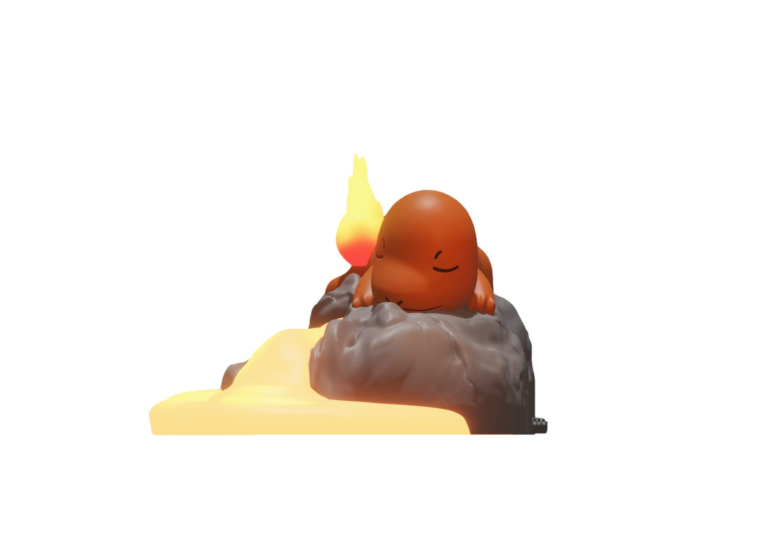 Eine orangefarbene Cartoon-Kreatur schläft auf einem Stein mit einer Flamme am Schwanz.