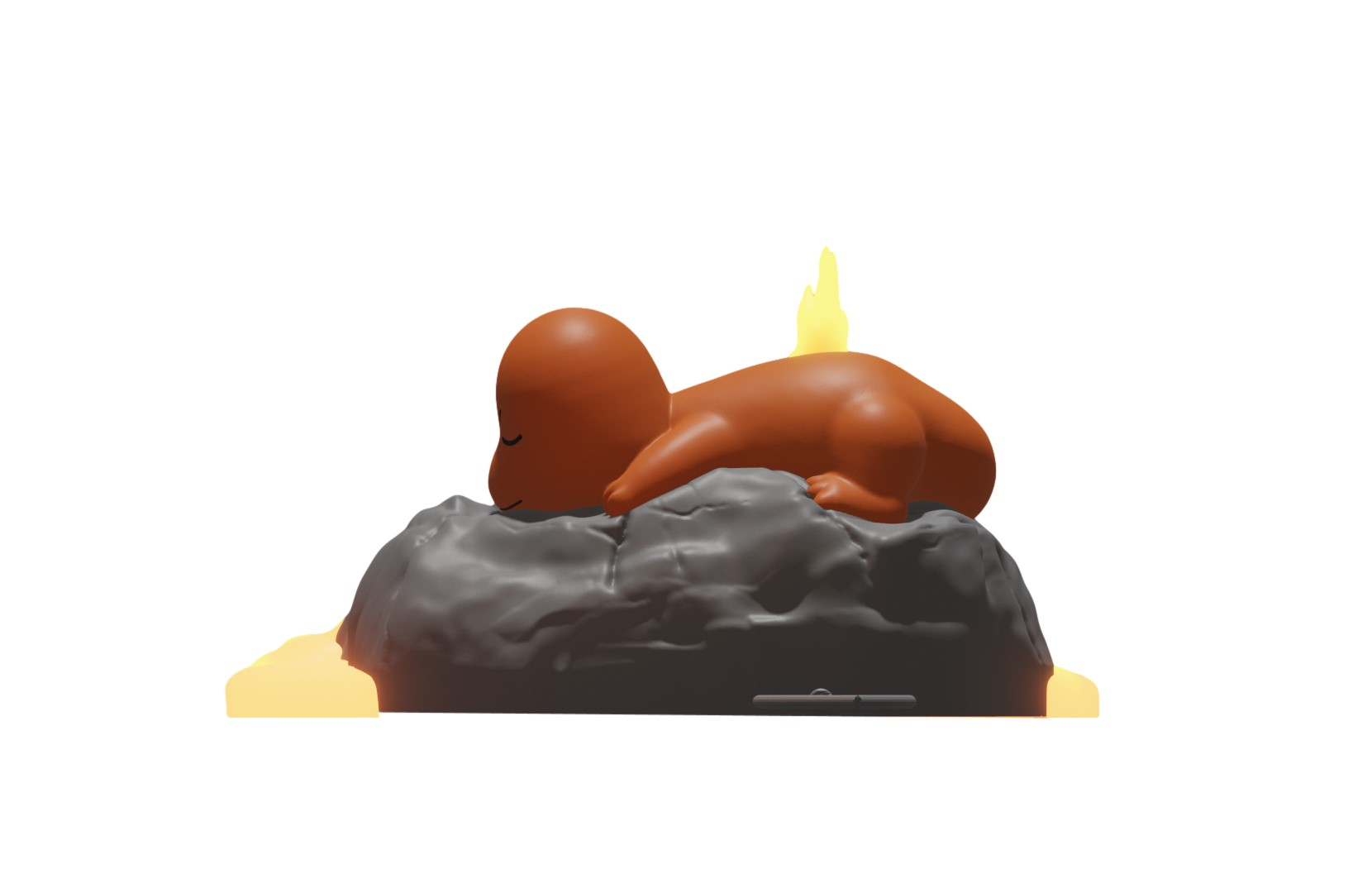 Ein orangefarbener Pokémon-Charakter schläft auf einem Felsen mit einem gelben Flammen-Detail.