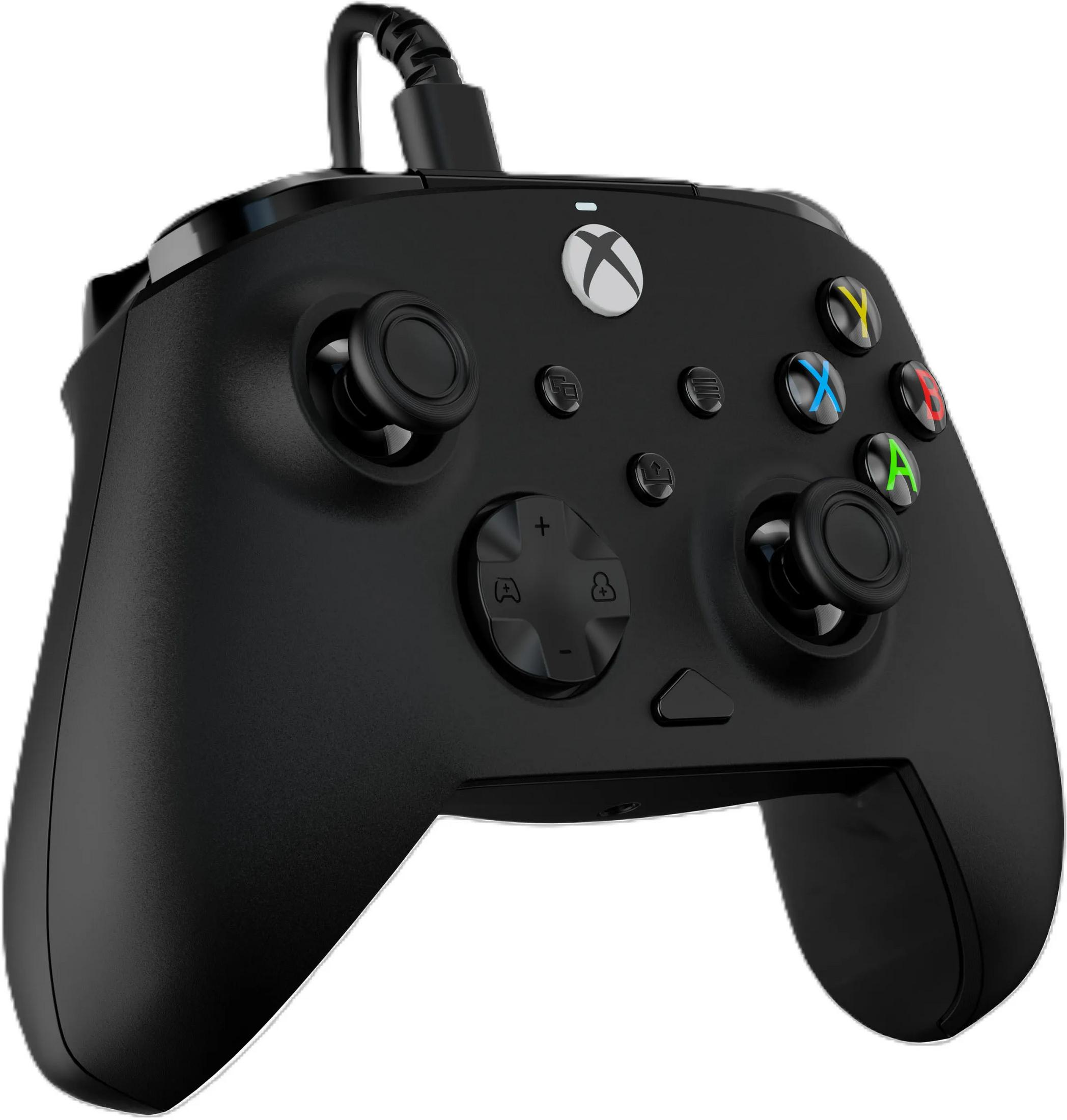Schwarzer Xbox-Controller mit USB-Kabel, von vorne.