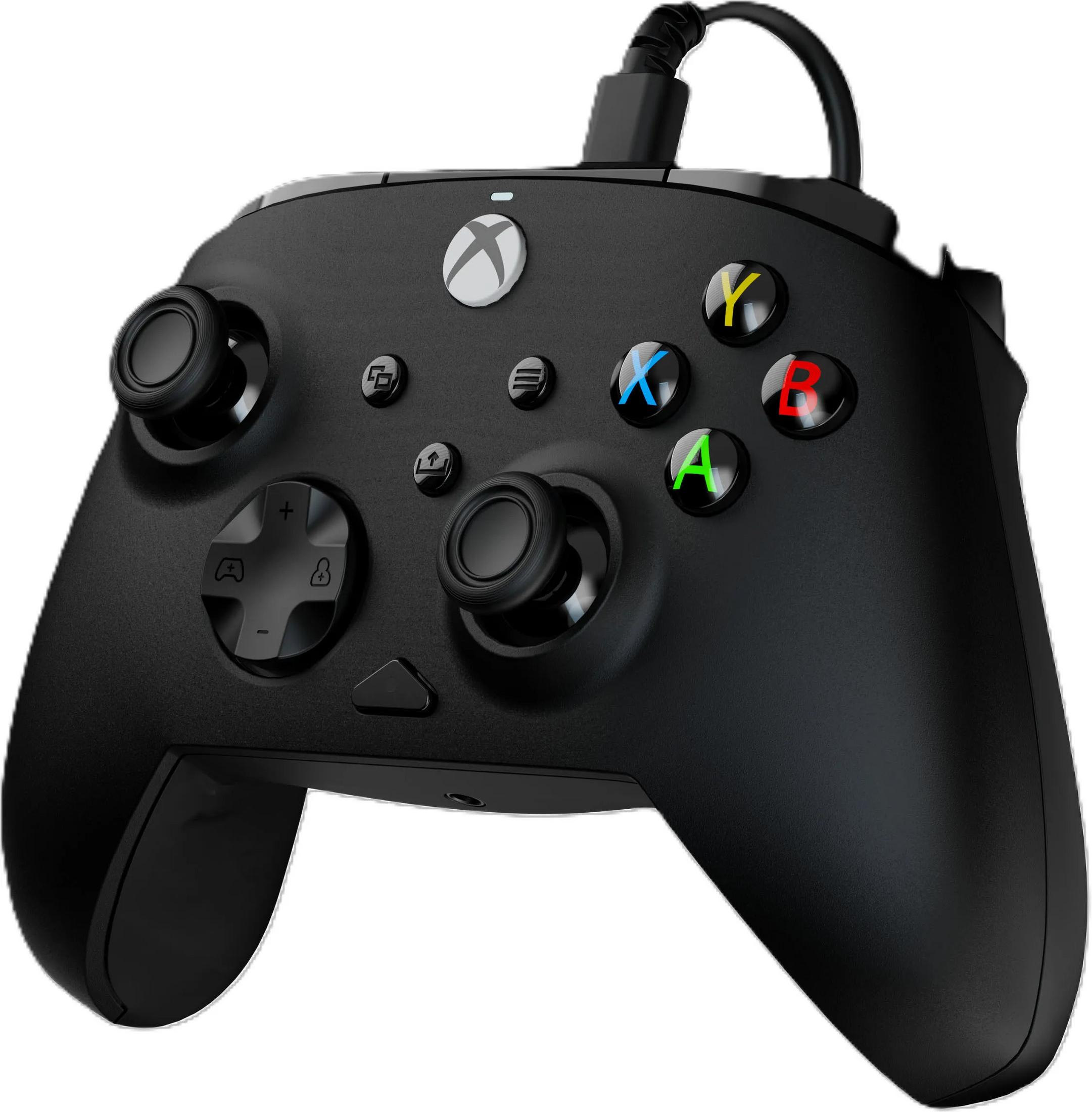 Schwarzer Xbox-Controller mit Kabel, mit silbernem Xbox-Logo und bunten Tasten.