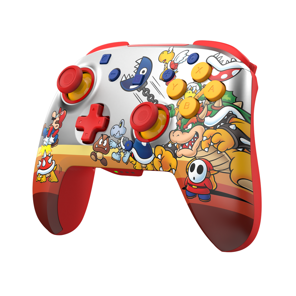Ein weißer Controller mit Mario-Charakteren wie Bowser, Mario und Shy Guy.