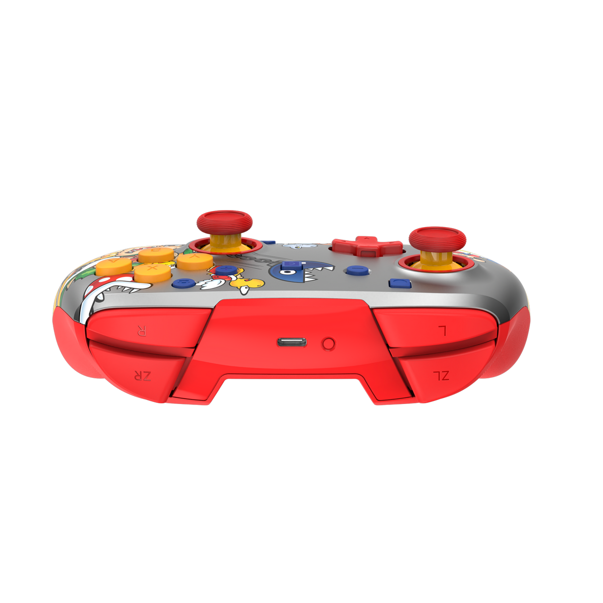 Ein roter und silberner Videospiel-Controller mit Cartoon-Figuren. Er hat gelbe und blaue Knöpfe.