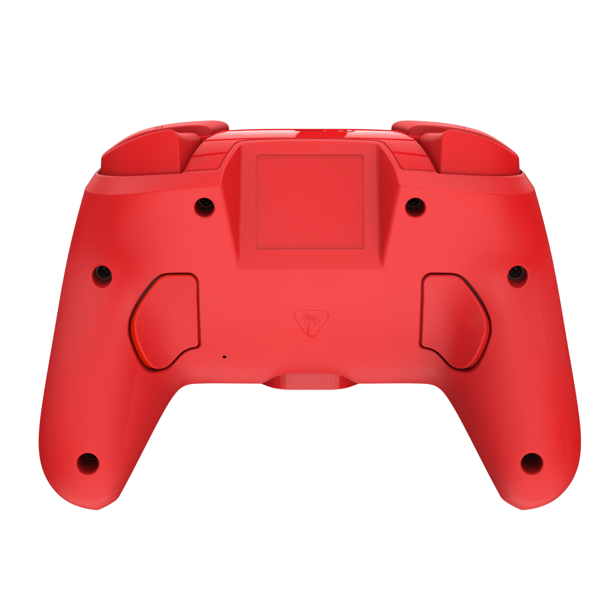 Die Rückseite eines roten Controllers mit sichtbaren Knöpfen und Griffen.