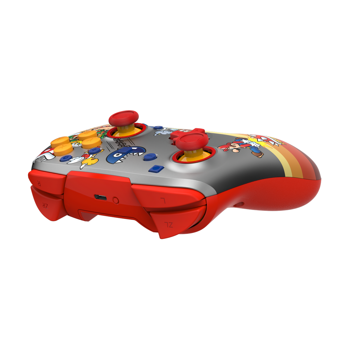 Ein silberner Gamecontroller mit roten Griffen und Mario-Motiv.