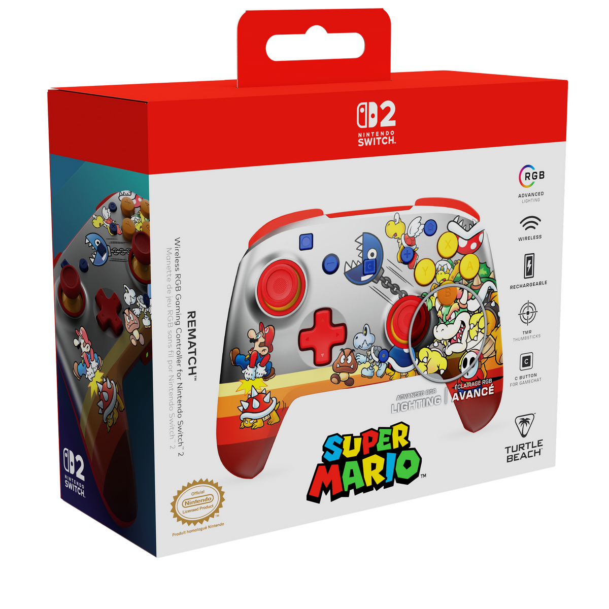 Super Mario Nintendo Switch Controller mit Charakteren und RGB-Beleuchtung.