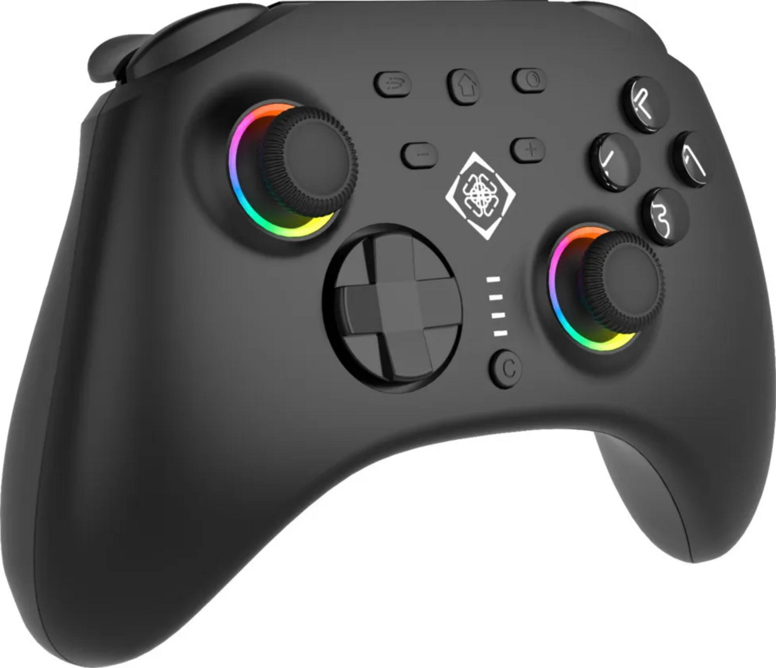 Schwarzer Gamecontroller mit beleuchteten Analogsticks und Tasten.