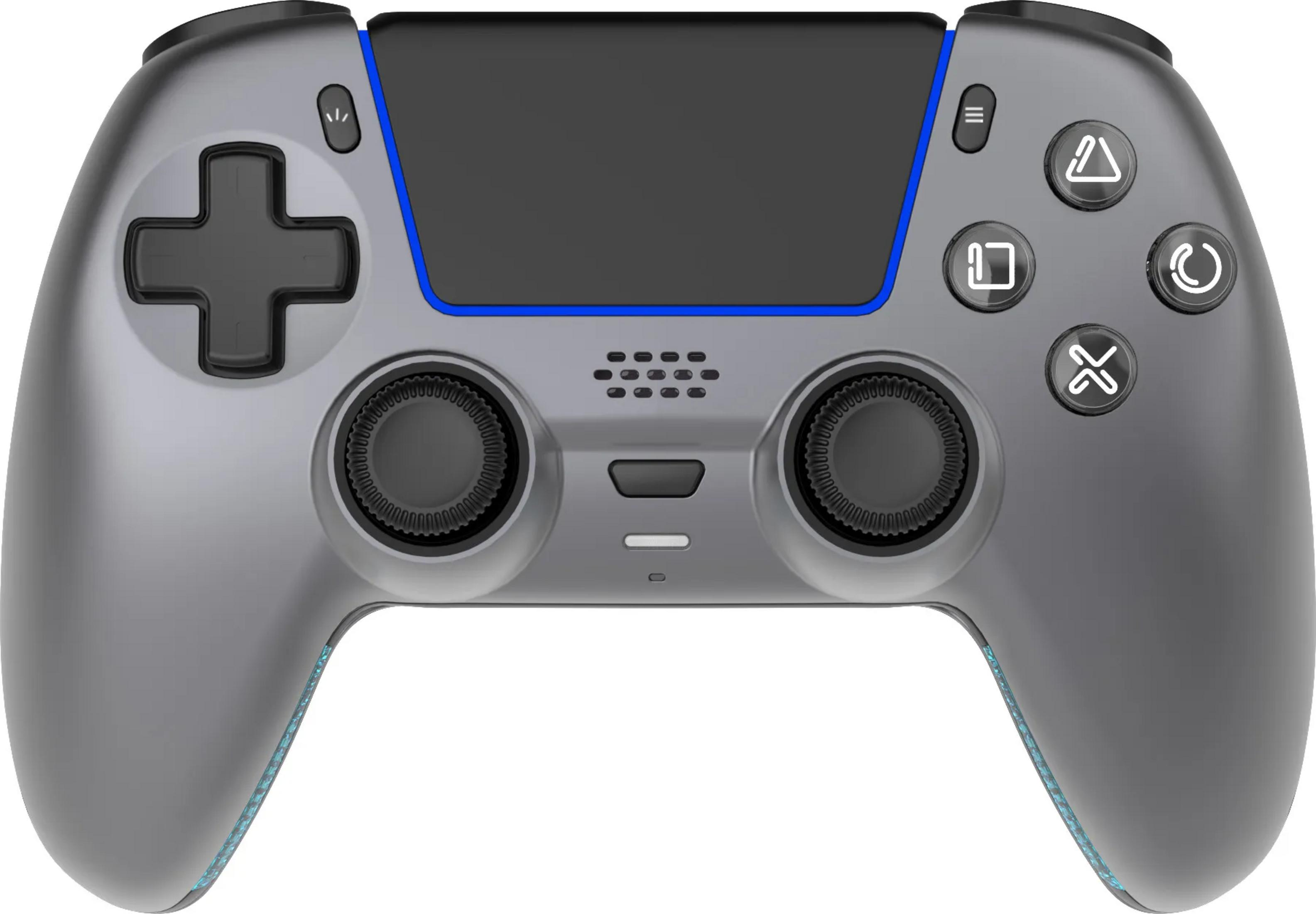 Grauer Controller mit schwarzen Knöpfen und blauen Akzenten.