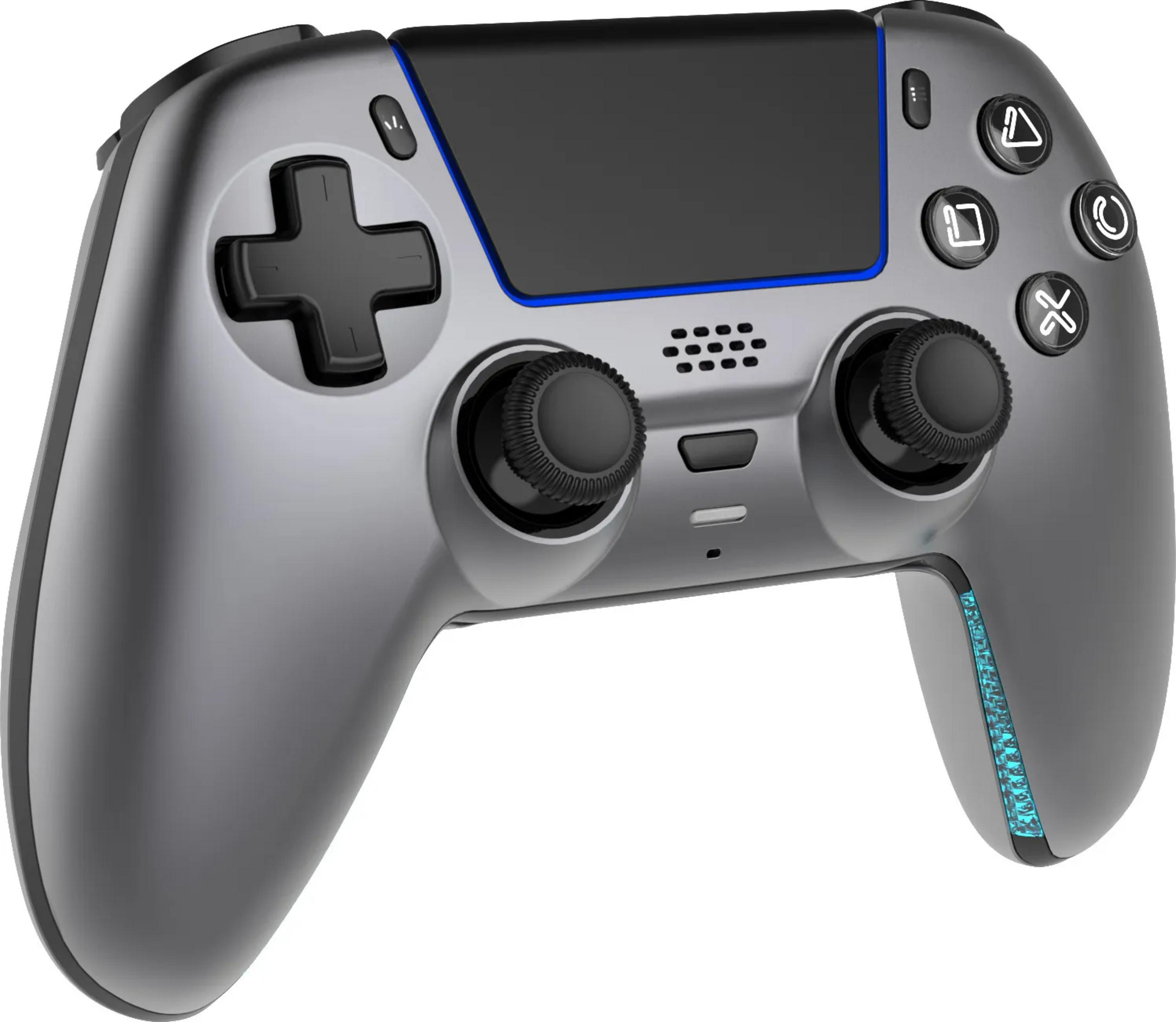 Ein grauer Controller mit schwarzen Knöpfen und blauem Licht.