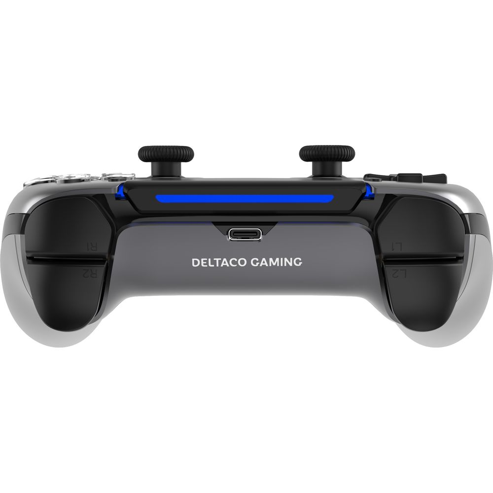 Ein schwarzer und silberner Gamecontroller mit blauer Lichtleiste und USB-C-Anschluss.