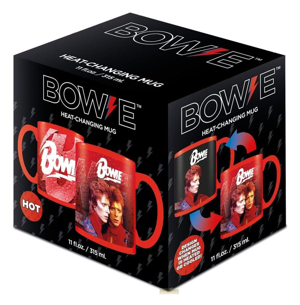 Verpackung für eine David Bowie "Heat-Changing Mug" mit Abbildungen von David Bowie und Blitz-Motiv.