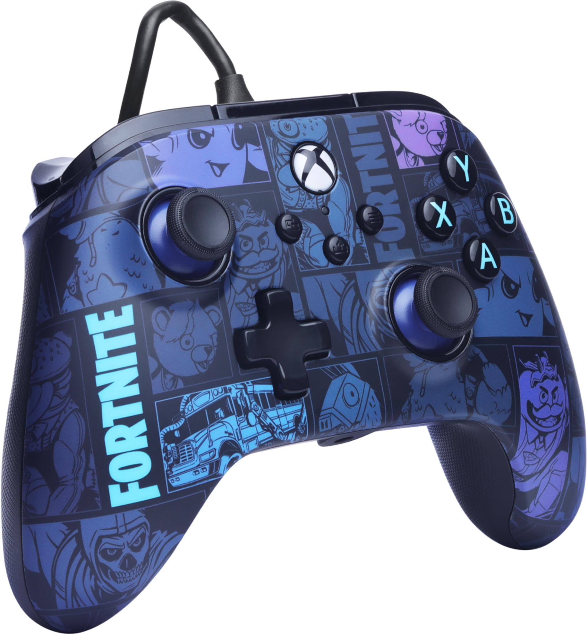 Ein blauer Xbox-Controller mit Fortnite-Comic-Grafiken und einem schwarzen Kabel.