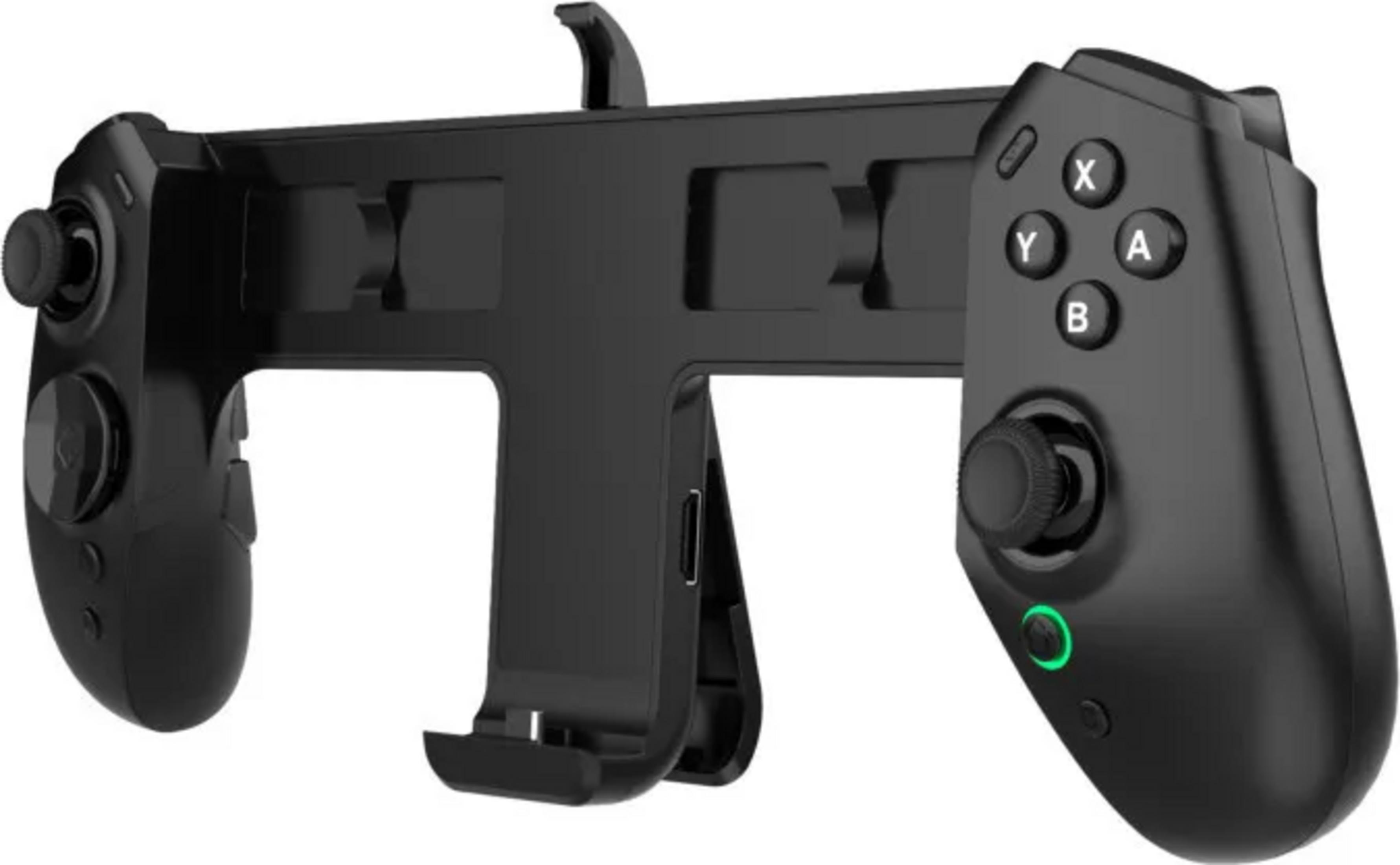 Schwarzer mobiler Controller mit Joysticks, Tasten und einem grünen Ringlicht.