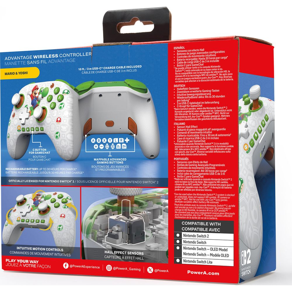 Kontroler Nintendo Switch z Mario & Yoshi; kabel USB-C; informacje o produkcie.