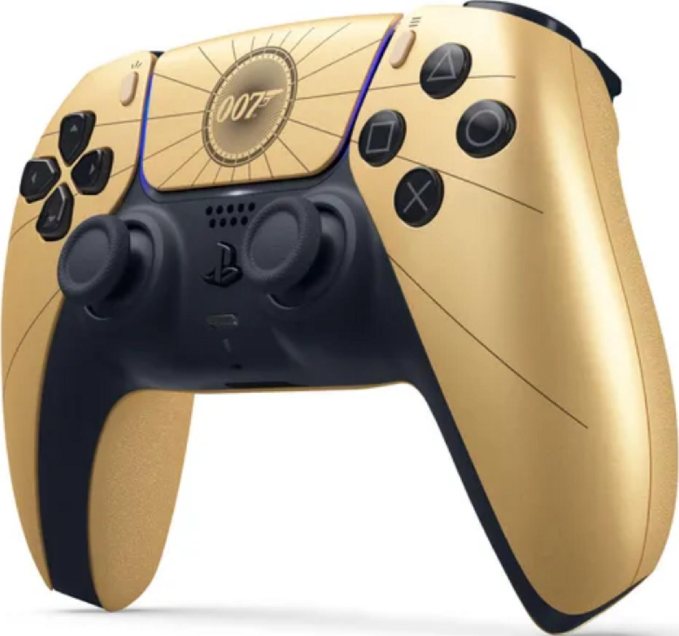 Controller dorato PlayStation 5 con logo 007 e pulsanti neri.